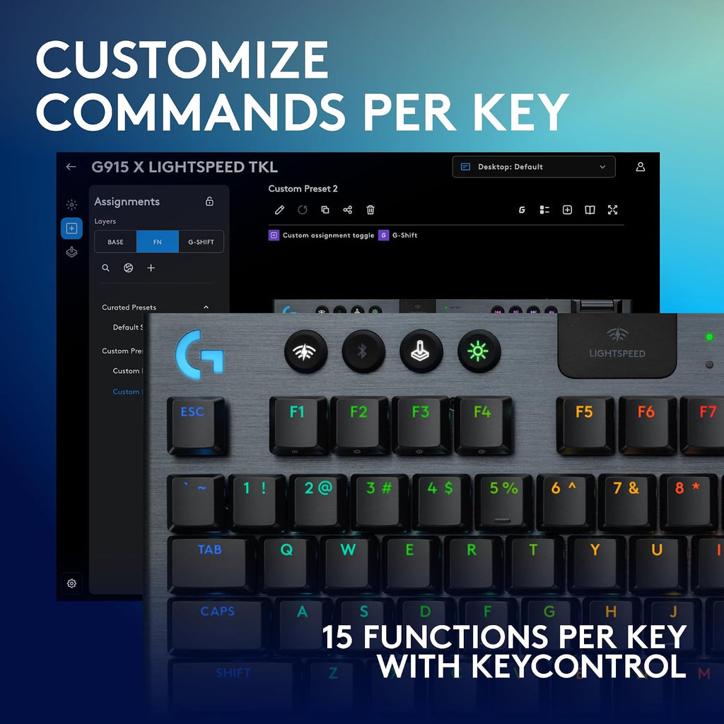 Logitech G915 X Lightspeed TKL Low-Profile Wireless Gaming Keyboard, Double-Shot PBT Keycaps, Fully Programmable Keys, RGB Backlighting, Sleek Aluminum Finishing, GL Blue Clicky - PC/Mac - Black