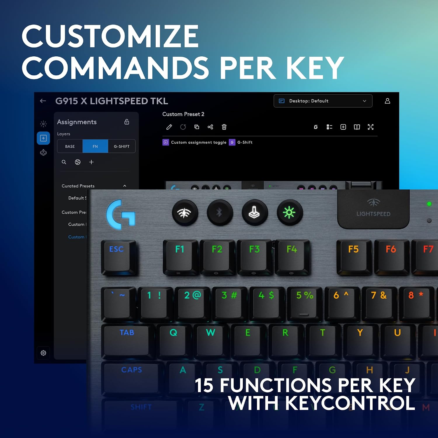 Logitech G915 X Lightspeed TKL Low-Profile Wireless Gaming Keyboard, Double-Shot PBT Keycaps, Fully Programmable Keys, RGB Backlighting, Sleek Aluminum Finishing, GL Blue Clicky - PC/Mac - Black