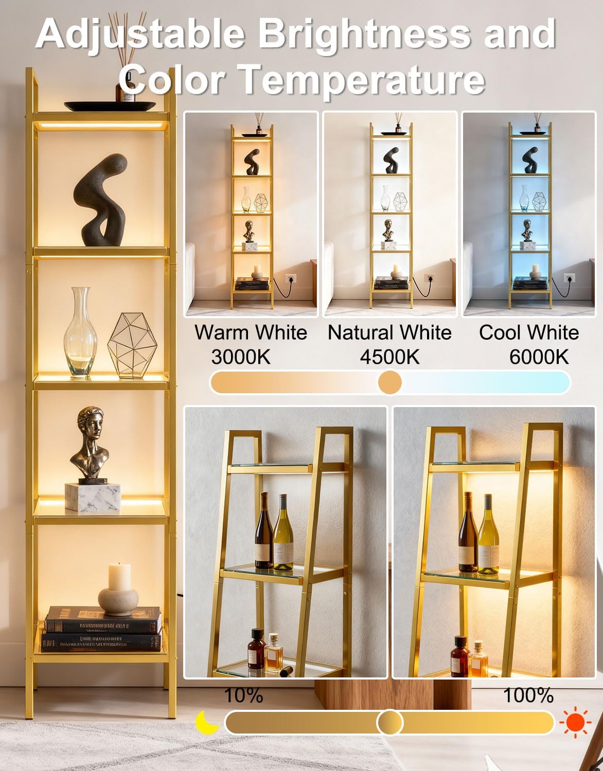 5-Tier Glass Display Shelf with RGB Light, 67' Ladder Bookshelf, Music Sync & 3 CCT, Dimmable App/Remote, Modern Freestanding Corner Storage Rack, Metal Organizer for Living Room Home Office, Gold