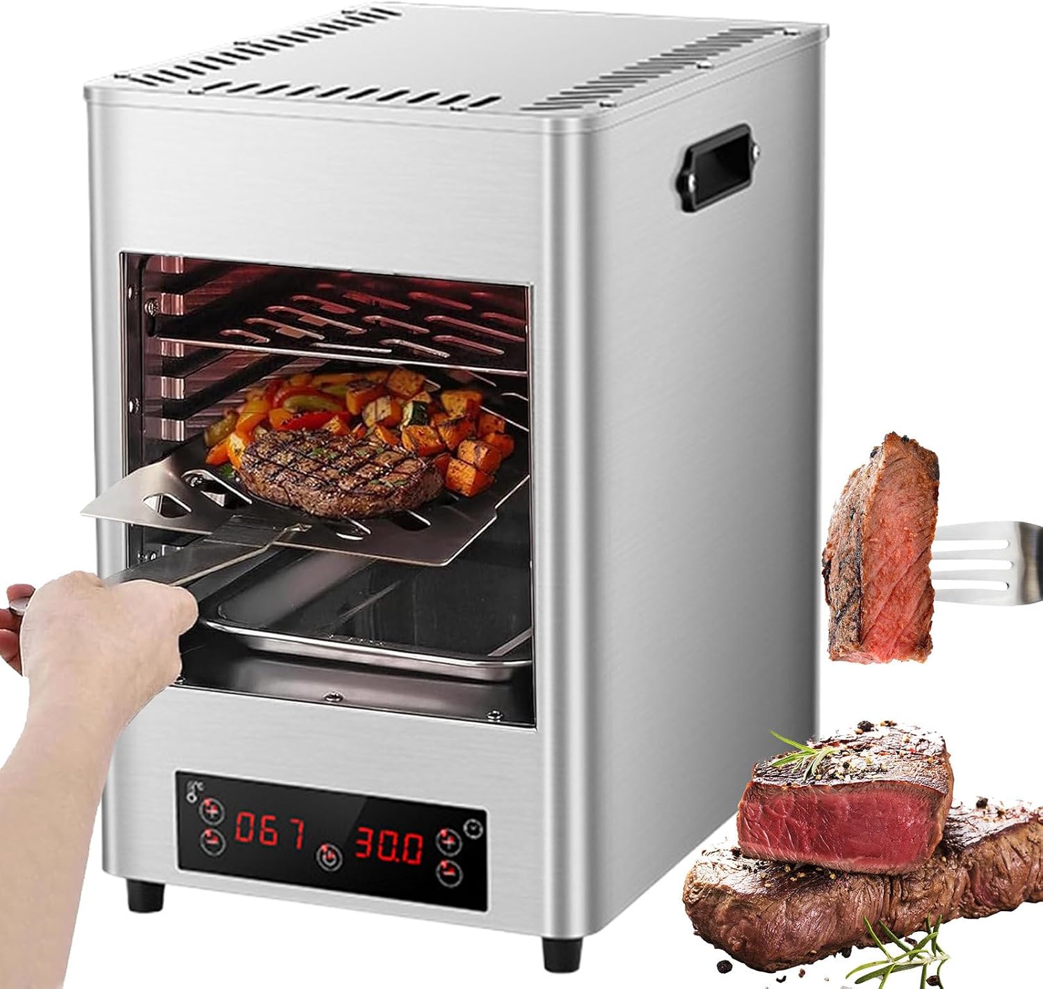 Commercial Indoor Steak Grill/Electric Steak Broiler - 30 Min Time/8 Gears Temperature Adjustable(100-800℃),8-Layer Portable Countertop (Metallic)