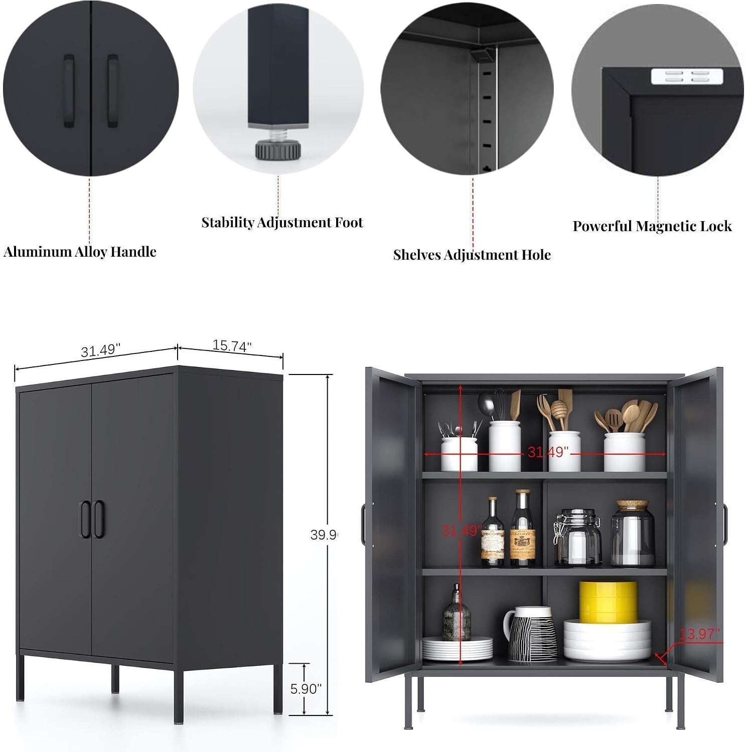 Chshin Black Metal Storage Cabinet,Metal Locker Storage Cabinet with 2 Doors and Shelves,Kitchen Pantry Cabinet,Modern Storage Freestanding Organizer Rust for Home,Kitchen,Office