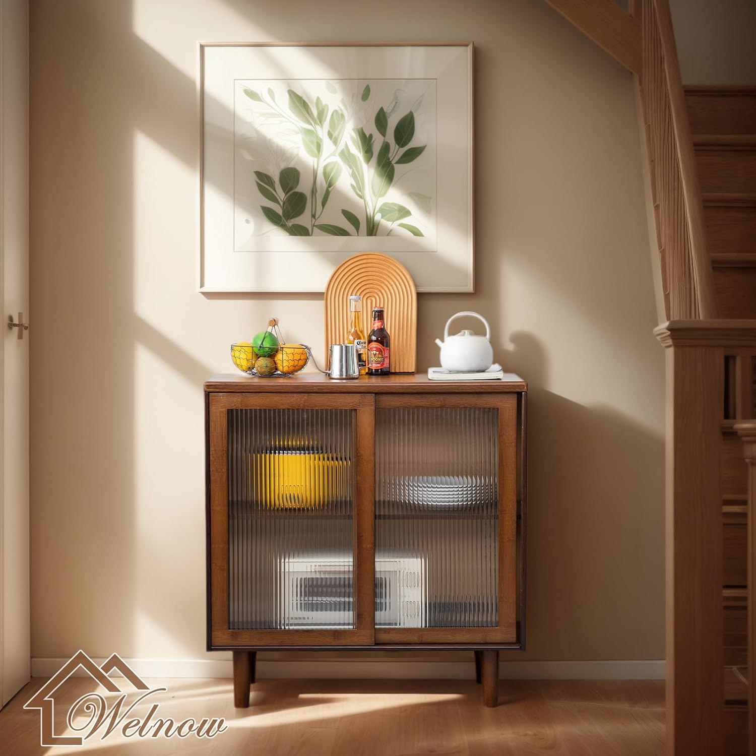 Welnow Buffet Cabinet, Bamboo Sideboard with Storage Kitchen Display Cabinet with 2-Tier Shelves Boho Coffee Bar Tables for Kitchen, Living Room, Entryway, Office, Walnut