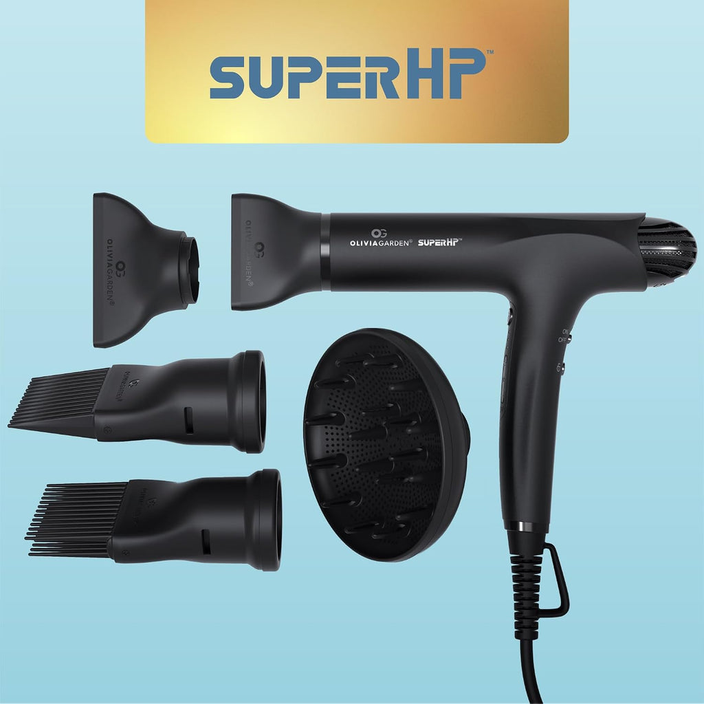 Olivia Garden 1875W SuperHP Professional Hair Dryer for All Hair Types - Quiet, Fast Drying Blow Dryer - Powerful Ionic Generator - 5 Attachments, Including 2 Comb and 1 Diffuser Attachments