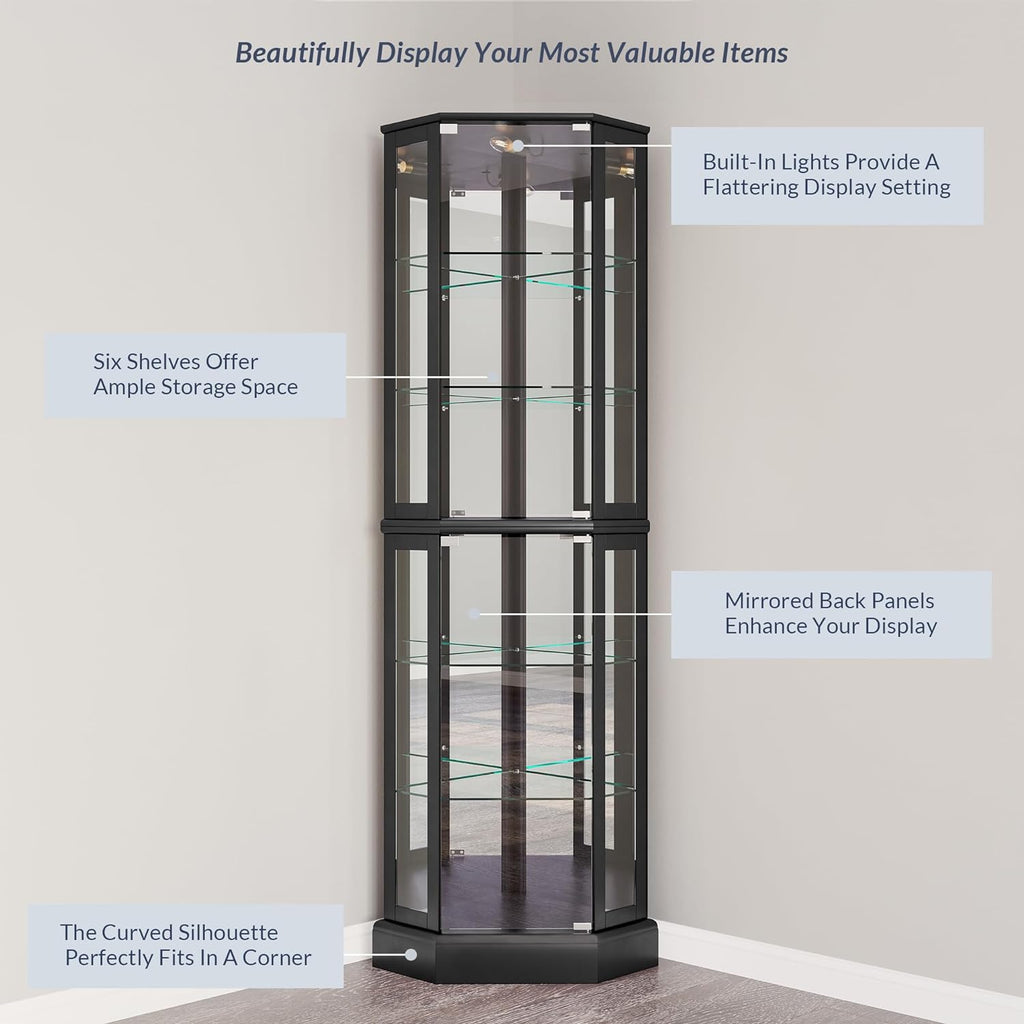 BELLEZE Lighted 3-Side Glass Display Curio Cabinet with Tempered Glass Doors and Shelves, Curved Wood Corner Cabinet with Bulb, Corner Curio Storage Rack for Bar and Liquor Storage - Ashfield (Black)