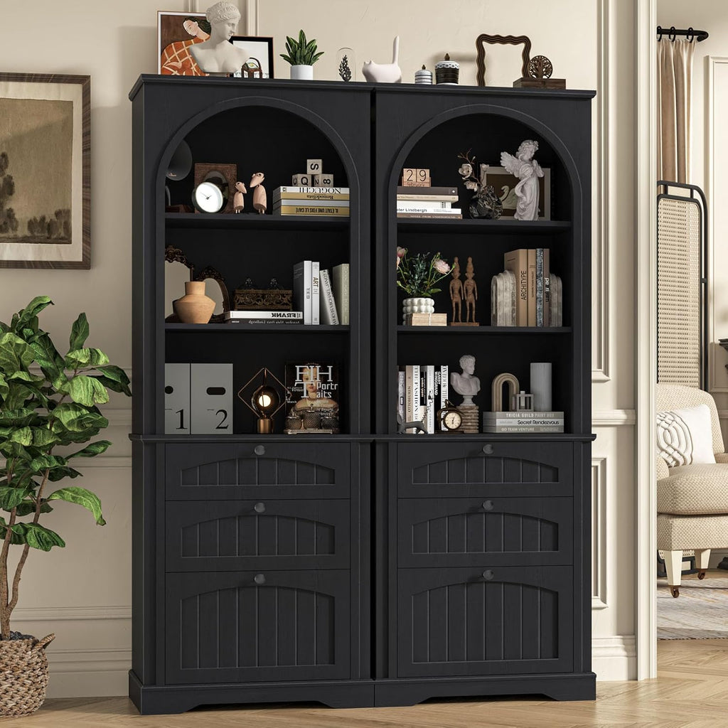 Bookshelf with File Drawers for Letter/A4/Legal Size Hanging Files, 68' Tall Farmhouse Bookcase with 3-Tier Open Shelves, Wood Floor Display Storage Cabinet for Home Office, Living Room, Rustic Black
