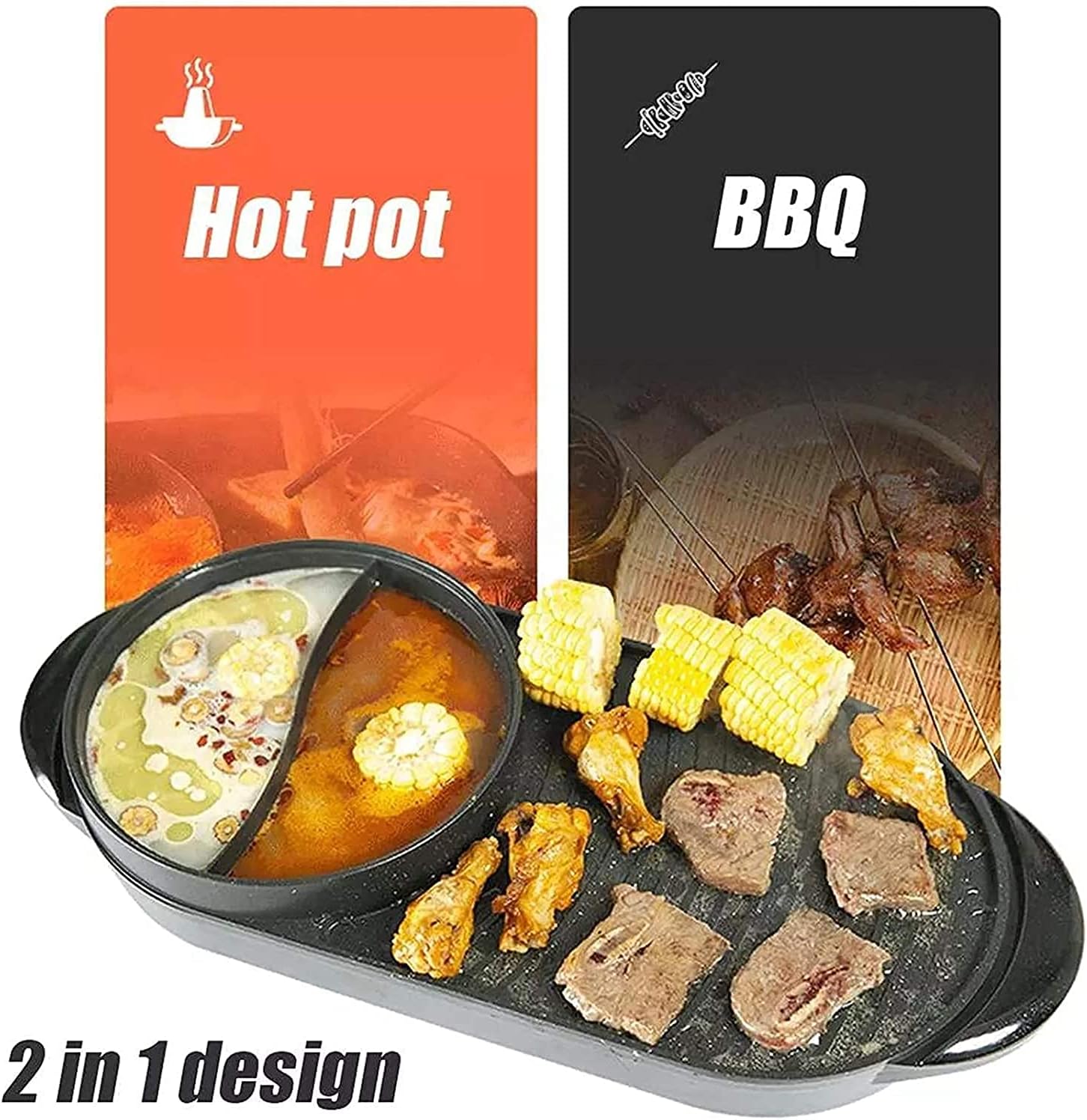 2200W Electric Grill, Indoor Grill, Non-Stick Coating 2 in 1 Smokeless Hot Pot, Multifunctional Grill Pot for Home/Party, for 2-10 People,Household Nonstick Electric Griddle