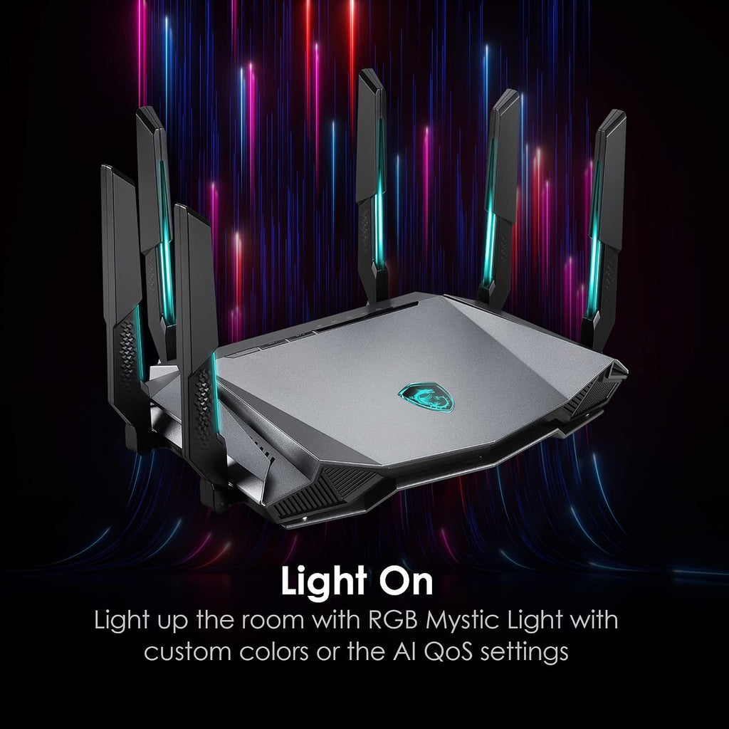 MSI Radix AXE6600 WiFi 6E Tri-Band Gaming Router, AI QoS, RGB, 1.8GHz Quad-Core Processor, MU-MIMO, Tri Band Gigabit Wireless, 8-Stream, High Speed Long Range Gaming Router