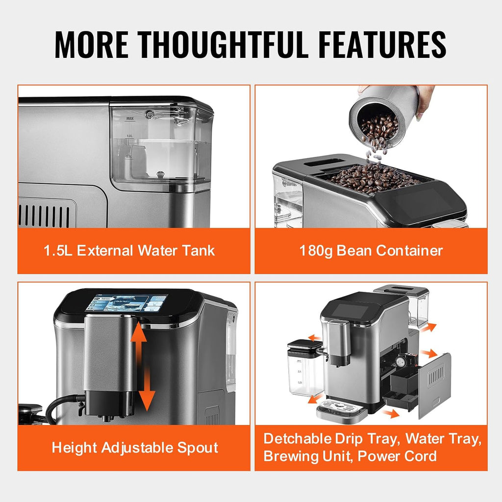 VEVOR Fully Automatic Espresso Machine - with Automatic Milk Frother, 20 Bar Super-Automatic Cappuccino Latte Machine with TFT Touch Screen, Grinder, 15 Grinding Levels, and Removable Milk Reservoir