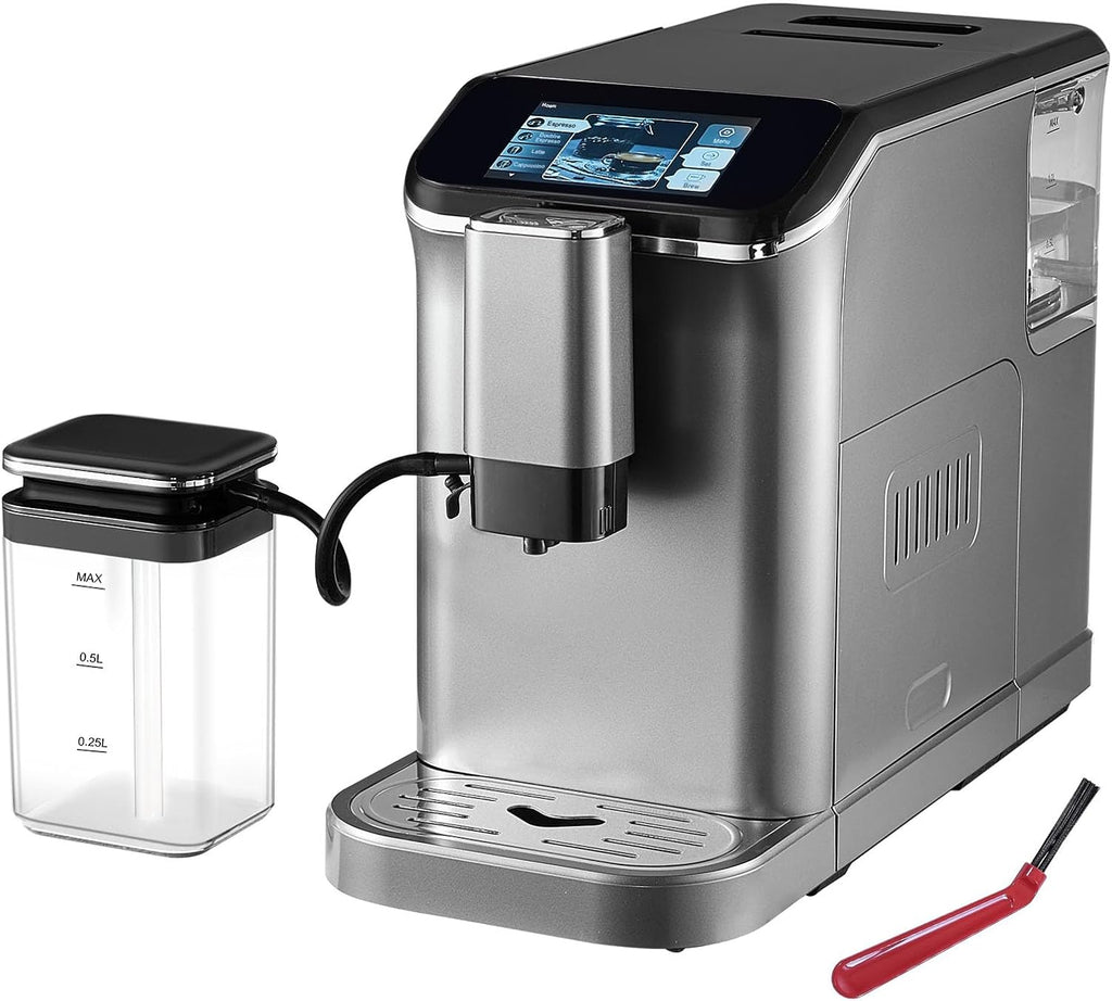VEVOR Fully Automatic Espresso Machine - with Automatic Milk Frother, 20 Bar Super-Automatic Cappuccino Latte Machine with TFT Touch Screen, Grinder, 15 Grinding Levels, and Removable Milk Reservoir