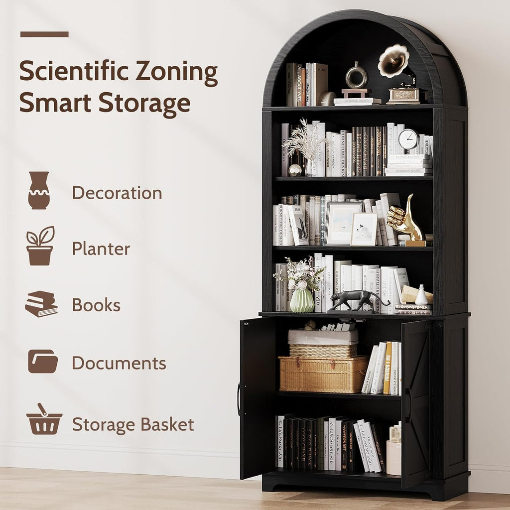 6-Tier Farmhouse Arched Bookcase with Doors, 70' Tall Wood Bookshelf with Storage,Open Shelves for Living Room or Office, Black, 1-Pack