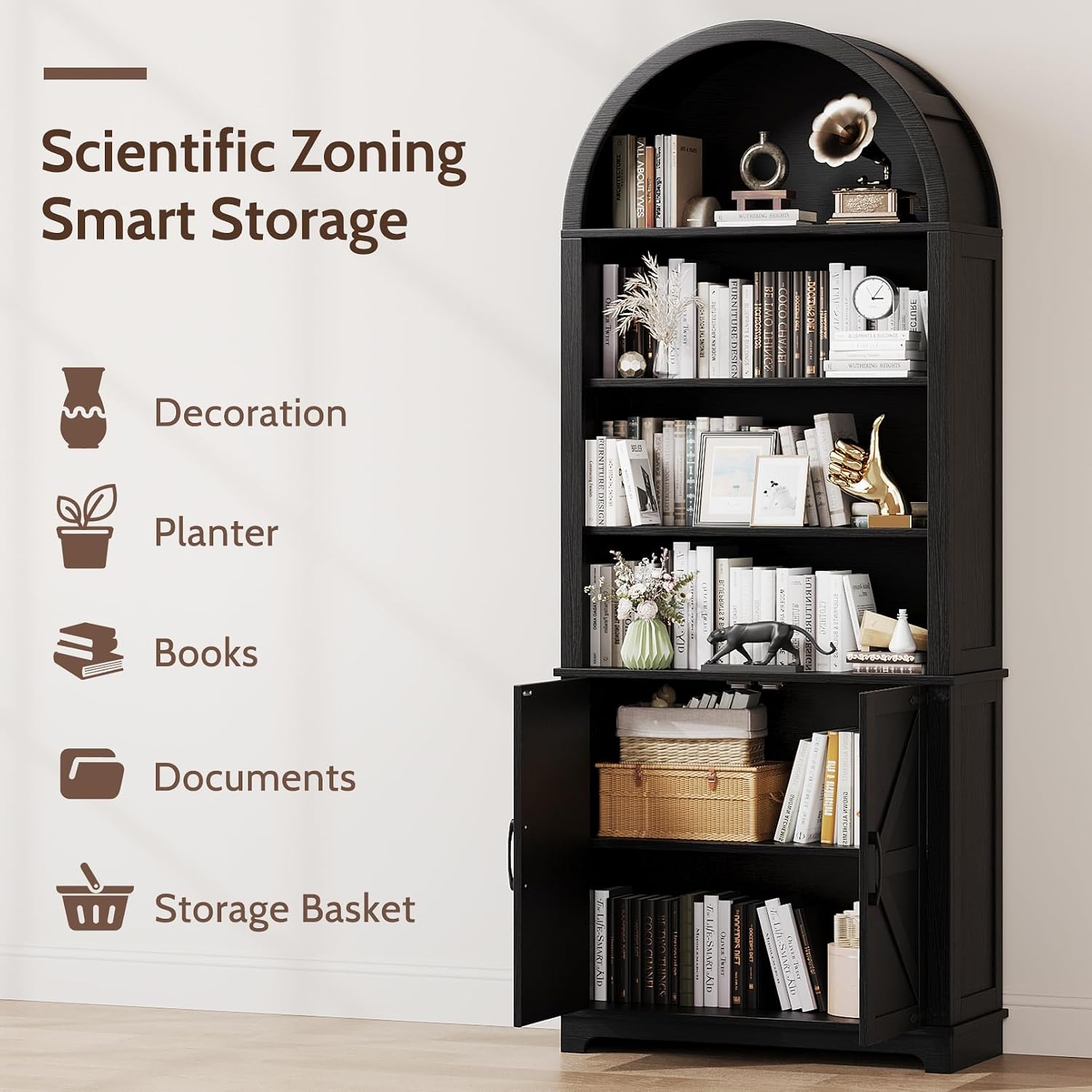 6-Tier Farmhouse Arched Bookcase with Doors, 70' Tall Wood Bookshelf with Storage,Open Shelves for Living Room or Office, Black, 1-Pack