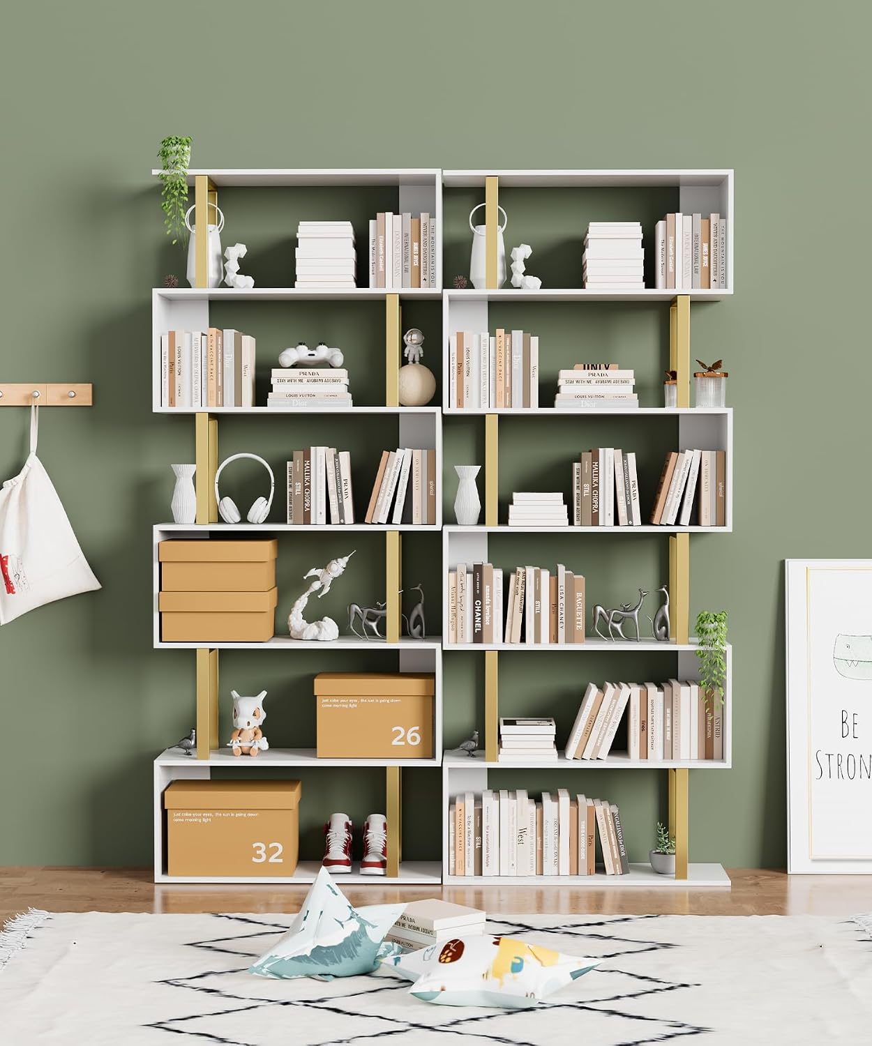 Gadroad 6-Tier Geometric Bookcase,S Shaped Bookshelf, Wood Decorative Storage Shelving, Modern Freestanding Display Shelves, Tall Book Shelf Unit for Living Room Bedroom