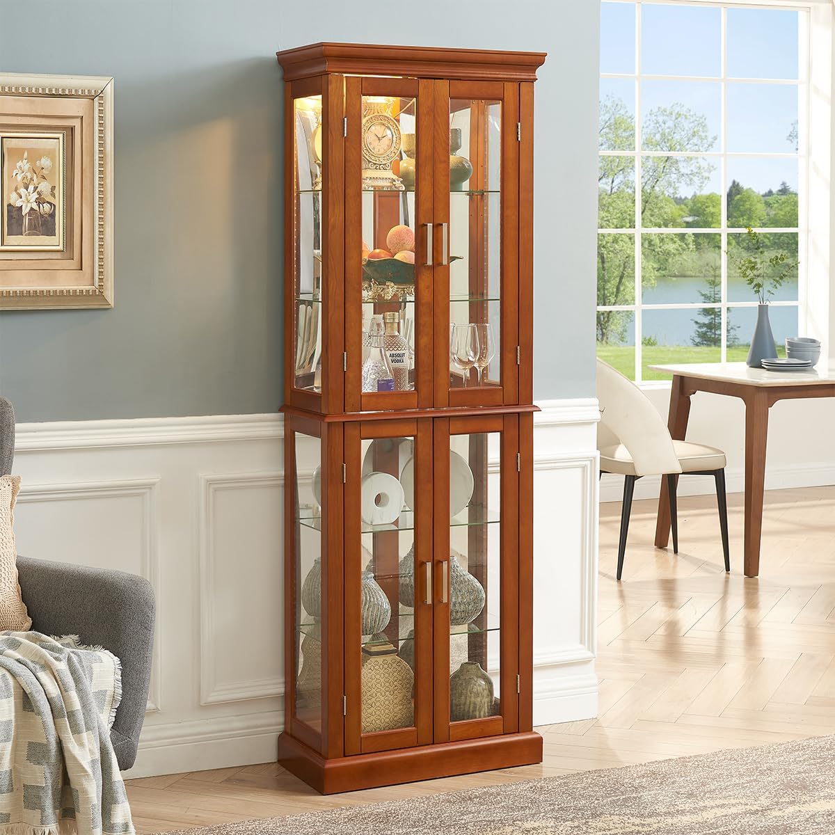 Lighted Wooden Display Curio Cabinet,Cabinet with Tempered Glass Door & 6 Shelves,Vintage 3 Side Glass,E26 Light Bulb Unincluded