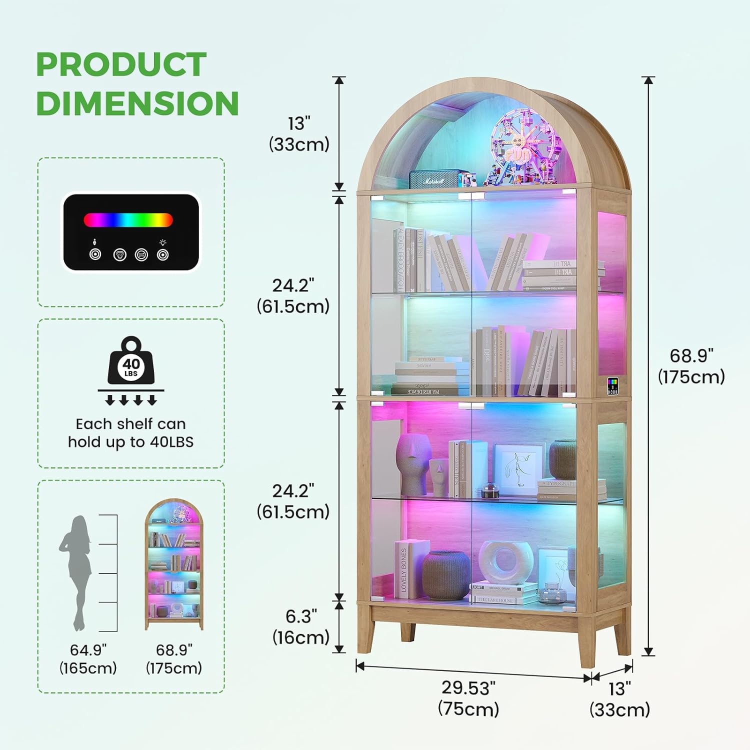 HNEBC Arched Book Shelf with Glass Doors, LED Bookcase with RGB Lights, 5 Tier Cabinet Has 9-Cube Storage, 69' Display Cabinet for Music-Synced Lighting Living Room,Bedroom (Natural)