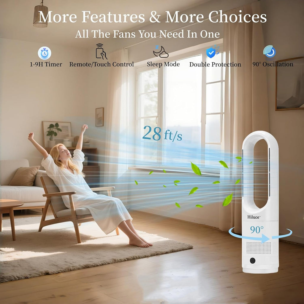 Hiluce All Season Bladeless Fan, 1400W Space Heater & 40W Tower Fan Combo with Remote,25dB Quiet Heater Fan Combo,90° Oscillation,8 Speeds, 9H Timer,Fast Safety Heat for Bedroom, Kitchen, Office 22'