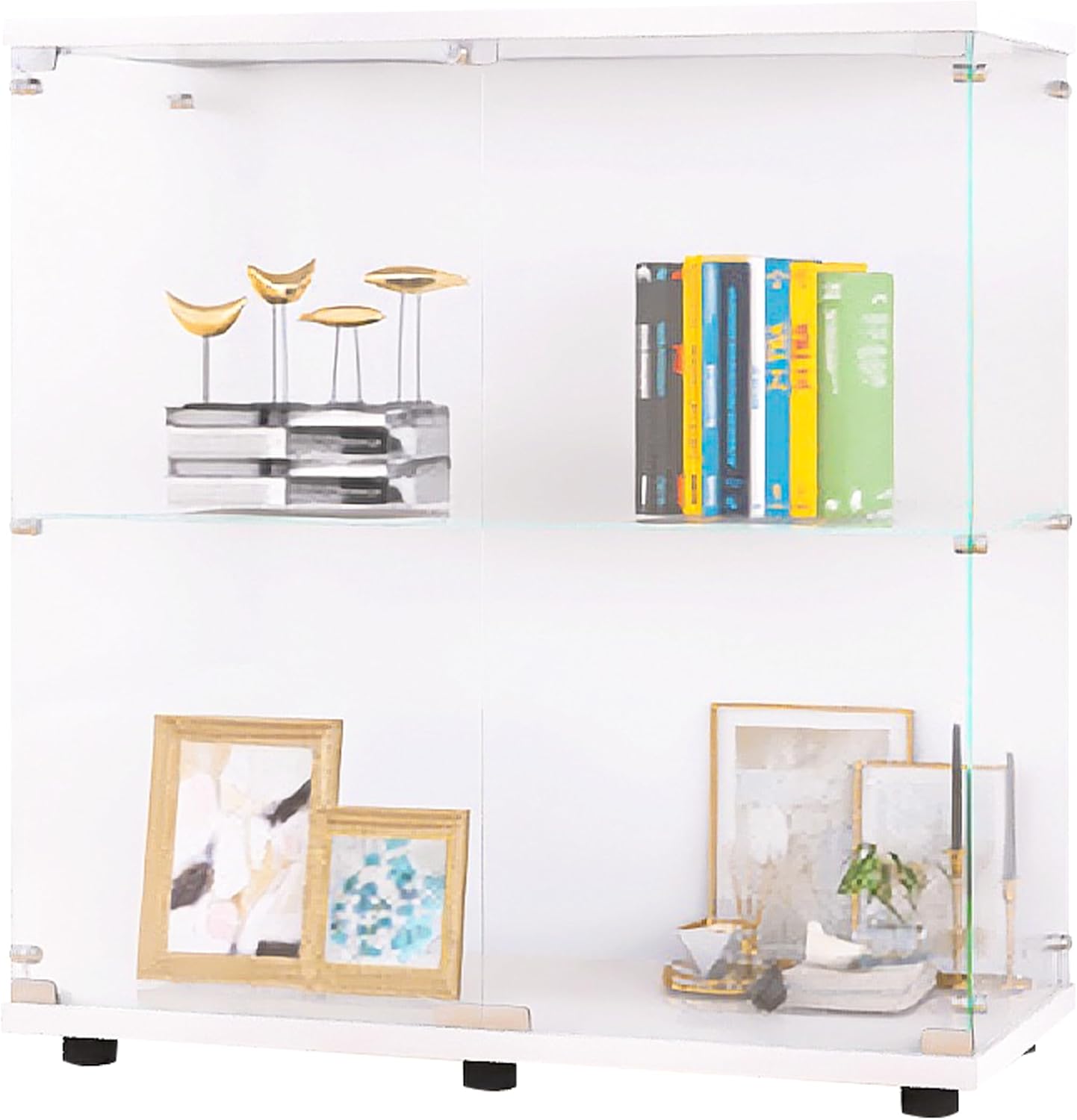 Beauty4U Glass Display Cabinet with 2 Shelves, 2 Doors Curio Cabinets for Living Room, Bedroom, Office, White Floor Standing Glass Bookshelf, Quick Installation
