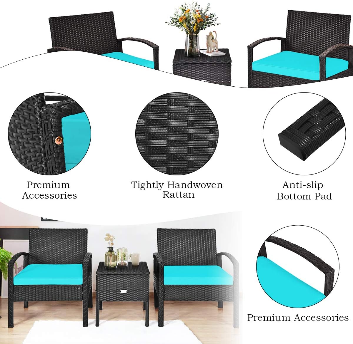 COSTWAY Rattan Patio Furniture Set 3 Pieces, Wicker Conversation Set with Tempered Glass Coffee Table, Seat Cushions, Outdoor Chair Wicker Sofa for Backyard Balcony Porch Poolside, Turquoise