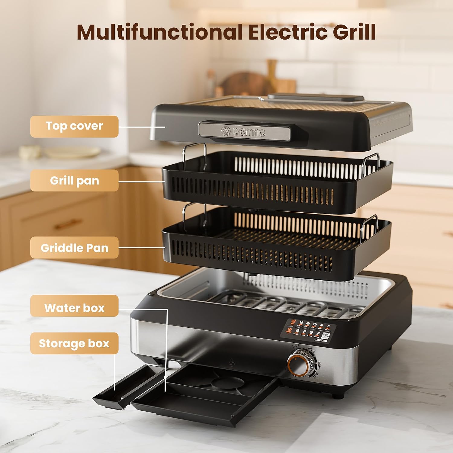Kismile 2-in-1 Griddle and Indoor Grill,Electric Smokeless Grill with Temperature Control,Portable Smoke-Free Griddle for Indoor Steaks