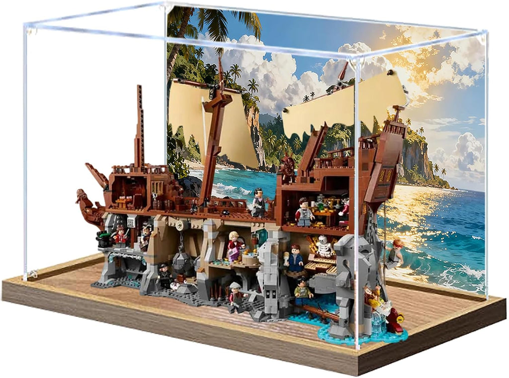 Acrylic Display Case for Lego 21363 The Goonies Pirate Ship Building Set– Dustproof Display Box, Display Box Compatible with Lego 21363-Only Display case (Back Spray Wooden Base 1)