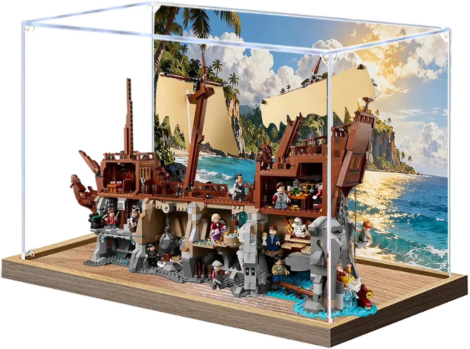 Acrylic Display Case for Lego 21363 The Goonies Pirate Ship Building Set– Dustproof Display Box, Display Box Compatible with Lego 21363-Only Display case (Back Spray Wooden Base 1)