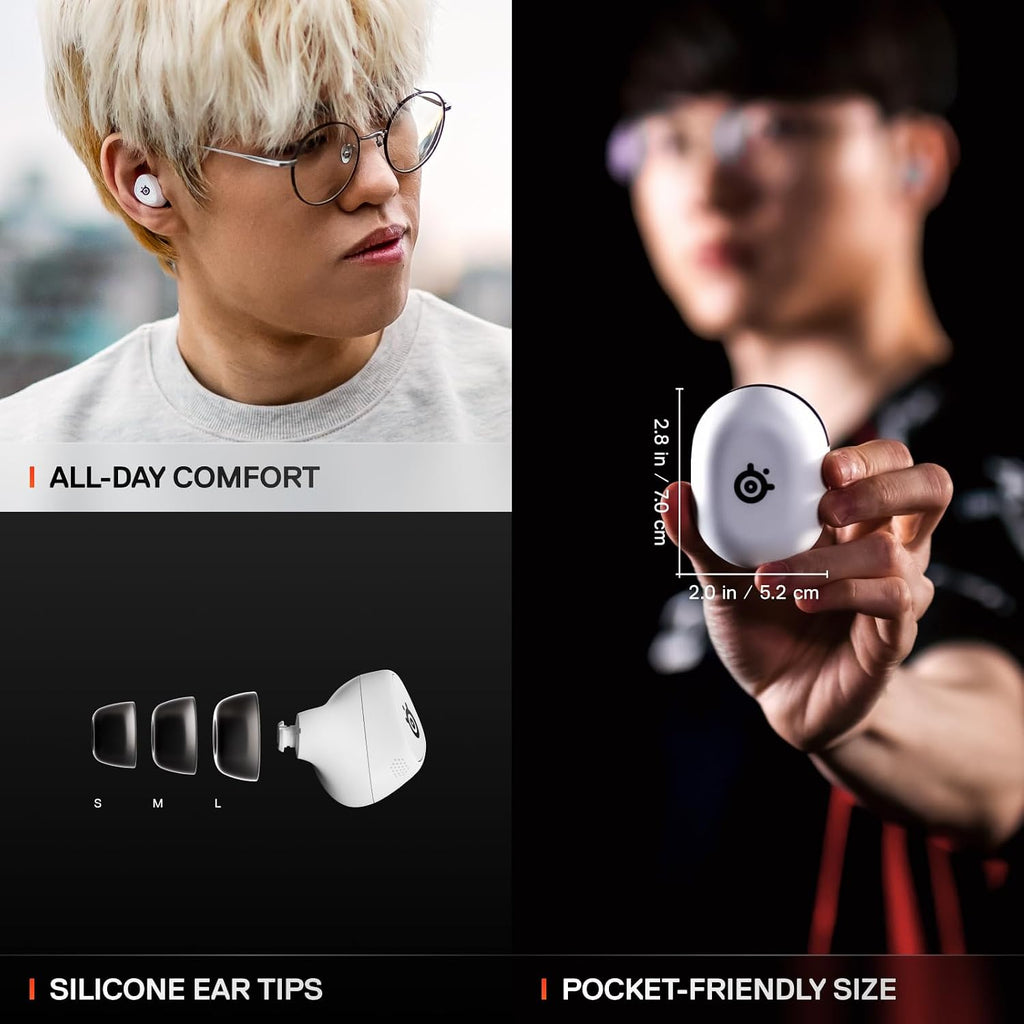 SteelSeries Arctis GameBuds for PlayStation/PC/Switch/Mobile — 2.4GHz + Bluetooth 5.3 Earbuds — ANC — Mobile App Sound Presets — Water Resistant IP55 — 40H Battery with Qi Charging Case - White
