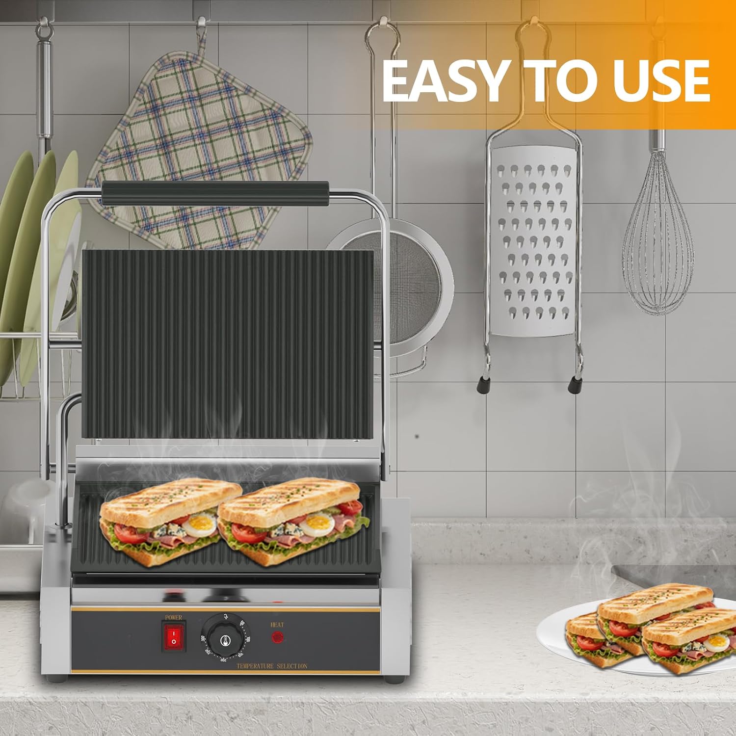 Commercial Panini Press - 2200W Commercial Electric Panini Sandwich Grill w/Nonstick Coating & Adjustable Temp, Panini Grill Press w/ 14'x9' Cooking Pan, Double-sided Heating