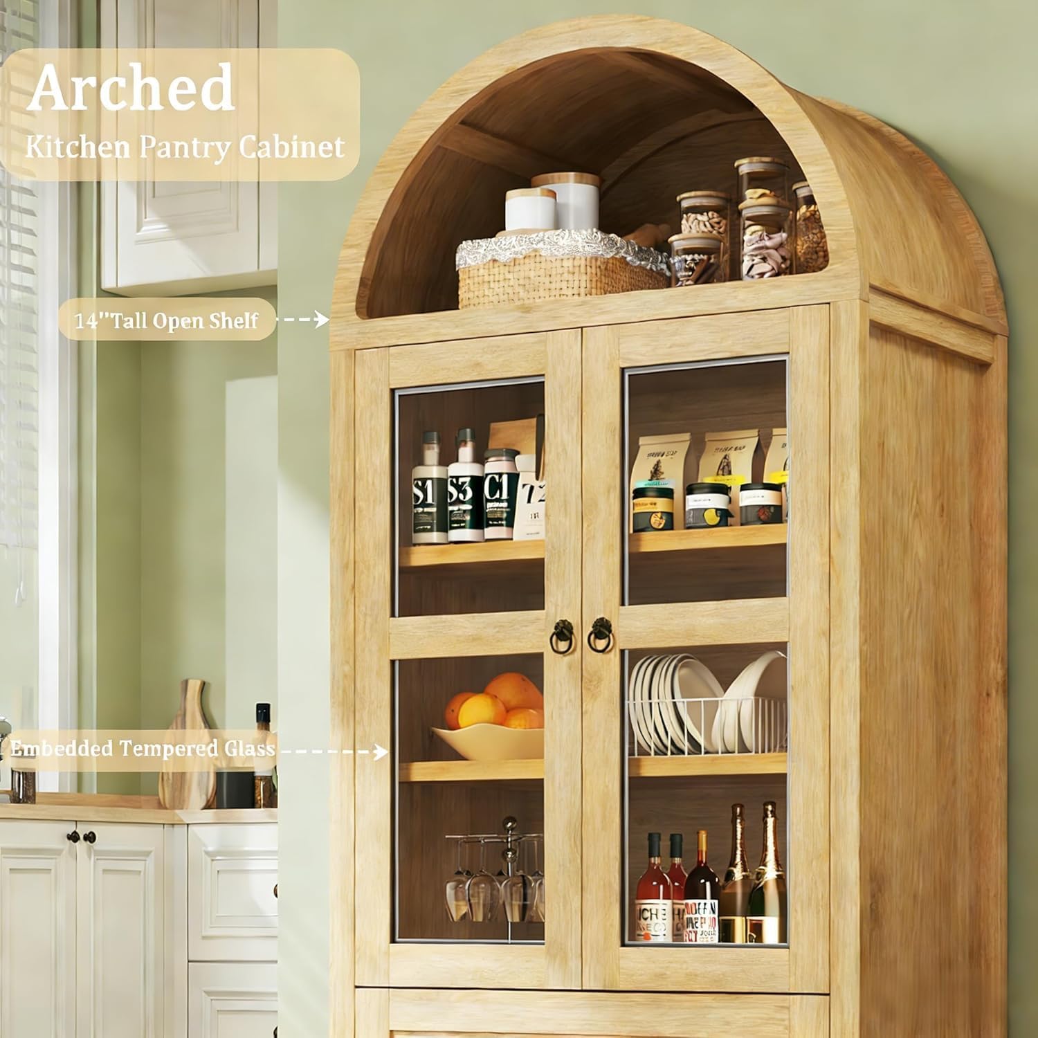 HUAHUU 71' Tall Pantry Cabinet, Arched Cabinet, Kitchen Storage Cabinets with 2 Large Drawers & Adjustable Shelves & Glass Door for Living Room, Kitchen, Dining Room, Natrual