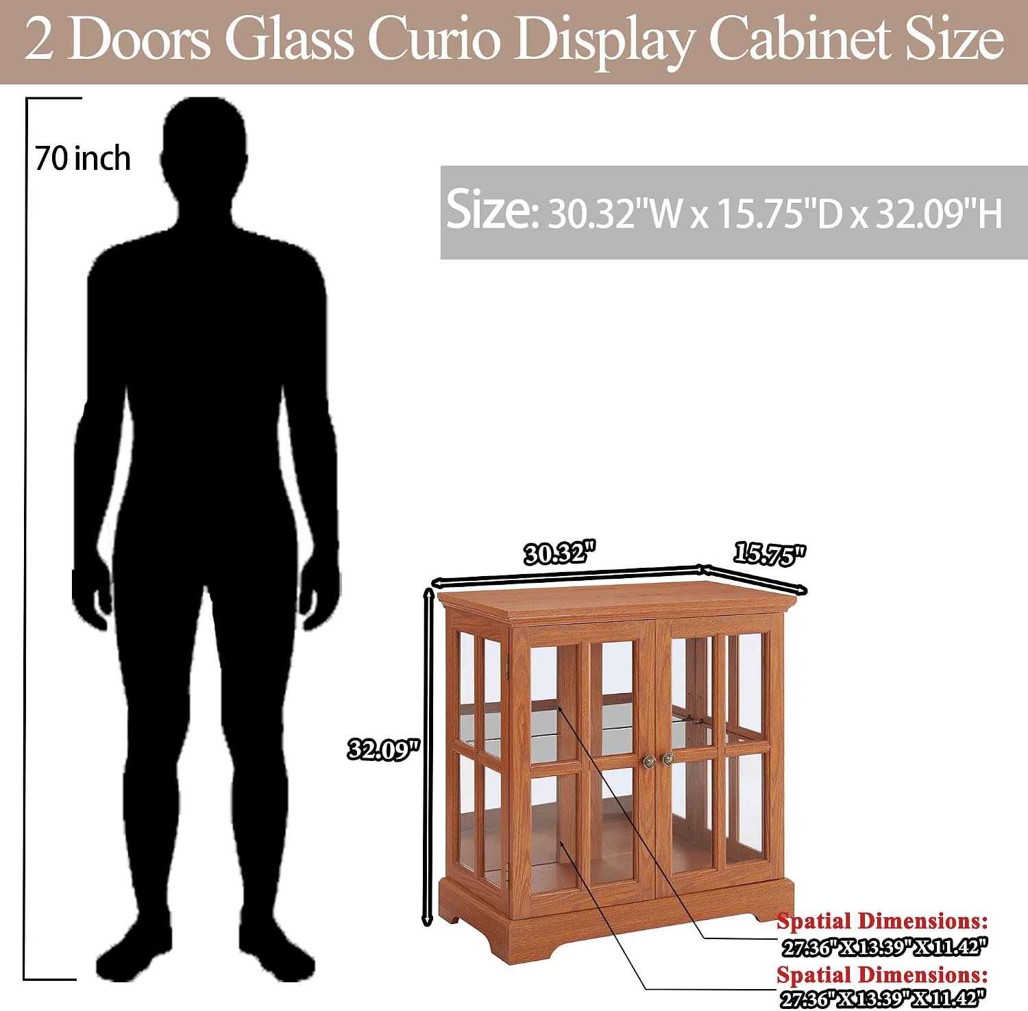 30' Glass Curio Display Storage Cabinet with LED Light, Modern 2 Lattice Doors Tableware Display Sideboard w/Adjustable Shelves, Retro Design Quality Showcase Bookcase for Home (Dark Oak)