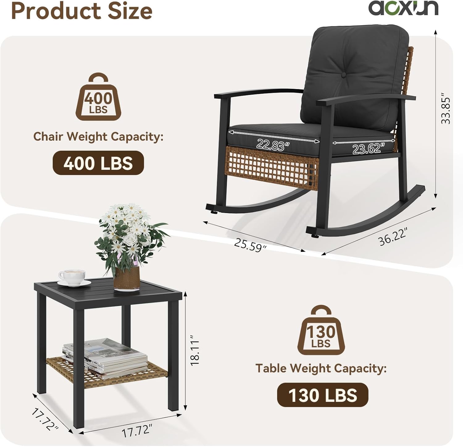 Aoxun 3-Piece Outdoor Rocking Bistro Set, Patio Furniture Set with Coffee Table and Thick Cushions, Wicker Rocking Chairs Set of 2 for Garden, Balcony, Backyard, Poolside (Black)