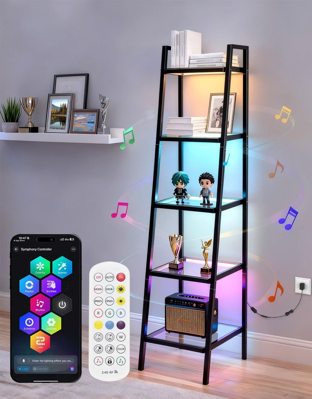 5-Tier Glass Display Shelf with RGB Light, 67' Ladder Bookshelf, Music Sync & 3 CCT, Dimmable App/Remote, Modern Freestanding Corner Storage Rack, Metal Organizer for Living Room Home Office, Black