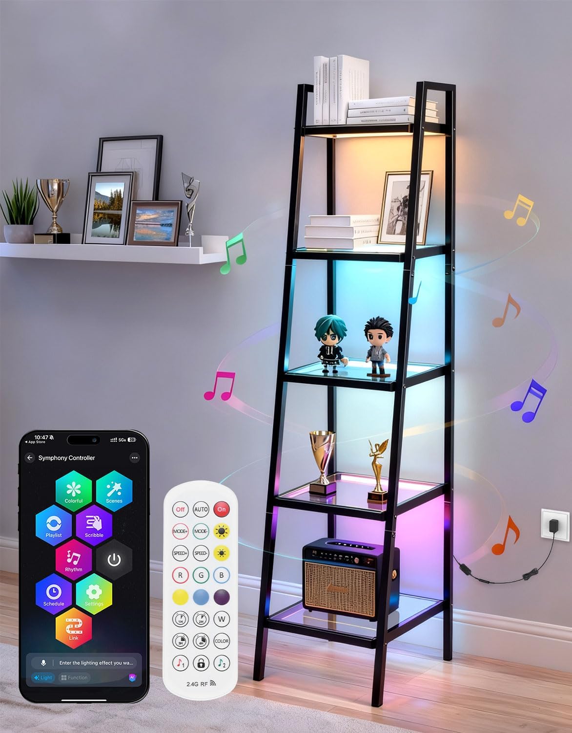 5-Tier Glass Display Shelf with RGB Light, 67' Ladder Bookshelf, Music Sync & 3 CCT, Dimmable App/Remote, Modern Freestanding Corner Storage Rack, Metal Organizer for Living Room Home Office, Black