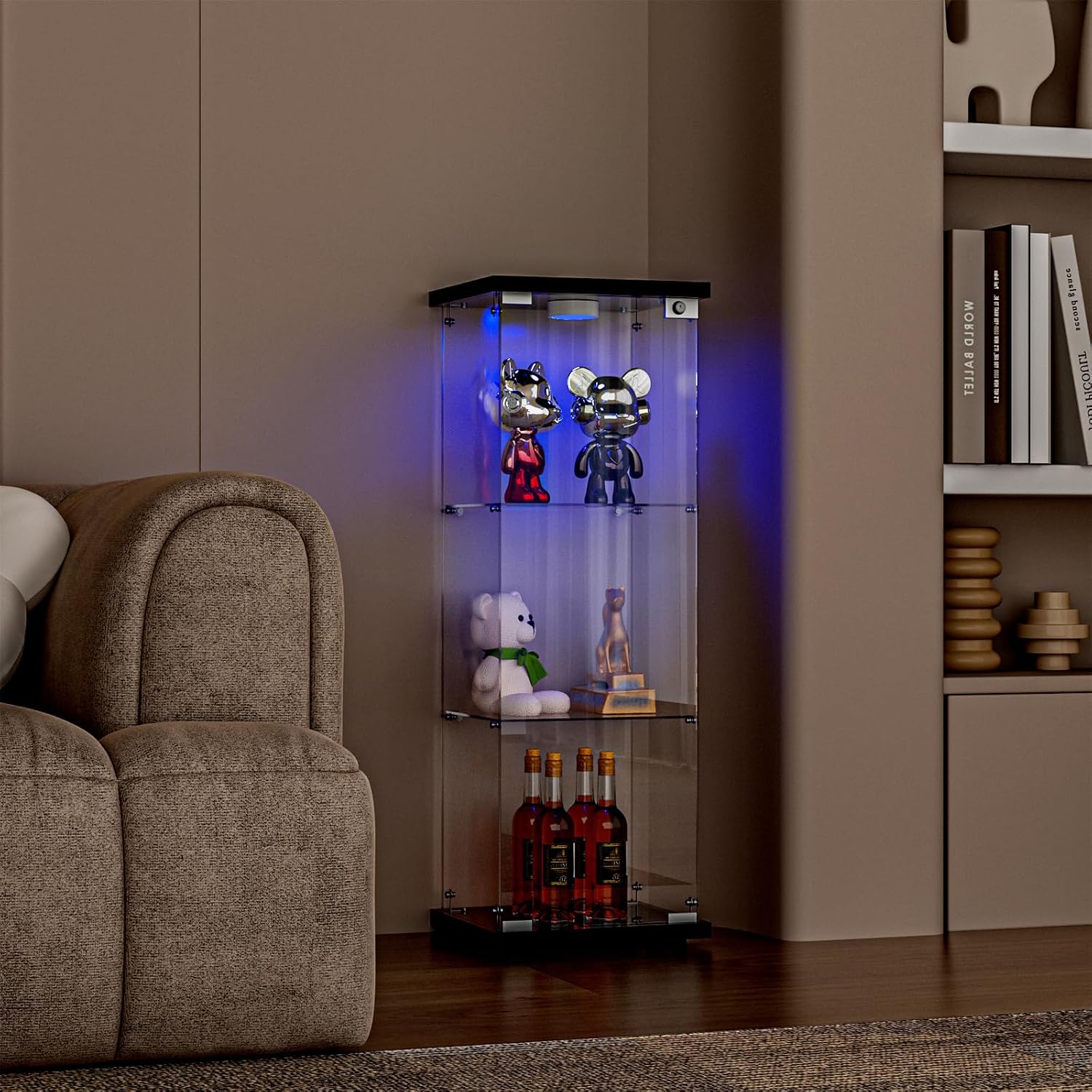FANYUSHOW 3-Shelf Glass Display Cabinet with LED Light, Upgraded Quick-Install Style Curio Cabinets 5mm Tempered Glass Bookshelf for Bedroom, Living Room 49.1'x 16.7'x 14.3' Black