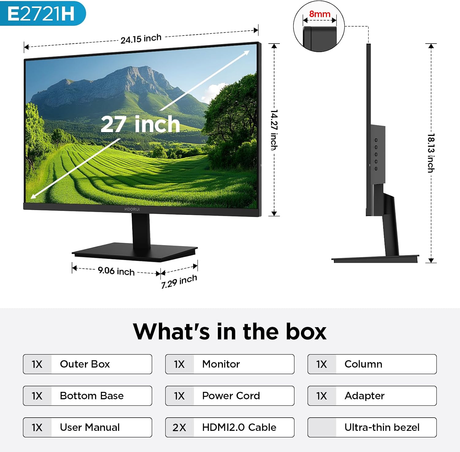 KOORUI 27 Inch QHD (2560x1440) IPS HDR Ultra-Thin Computer Gaming Monitor, 120Hz Refresh Rate, DCI-P3 95%, FreeSync & G-Sync, 1ms MPRT, VESA 100x100mm, Tilt Adjustable for Game and Work, E2721H