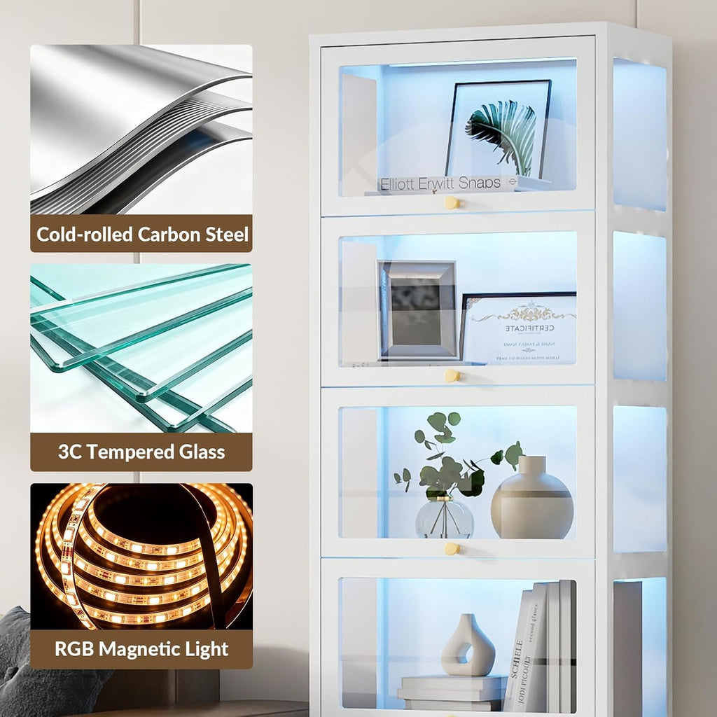 Display Cabinet with Glass Doors, 67' Metal Curio Cabinet with Drawer & 13-Color RGB LED Lights, 5-Tier Glass Display Case for Collectibles, Figure, Toys, Books, White