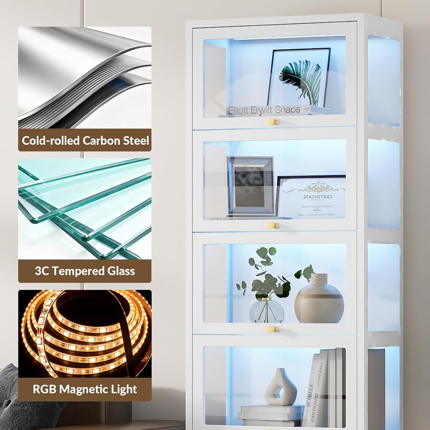 Display Cabinet with Glass Doors, 67' Metal Curio Cabinet with Drawer & 13-Color RGB LED Lights, 5-Tier Glass Display Case for Collectibles, Figure, Toys, Books, White