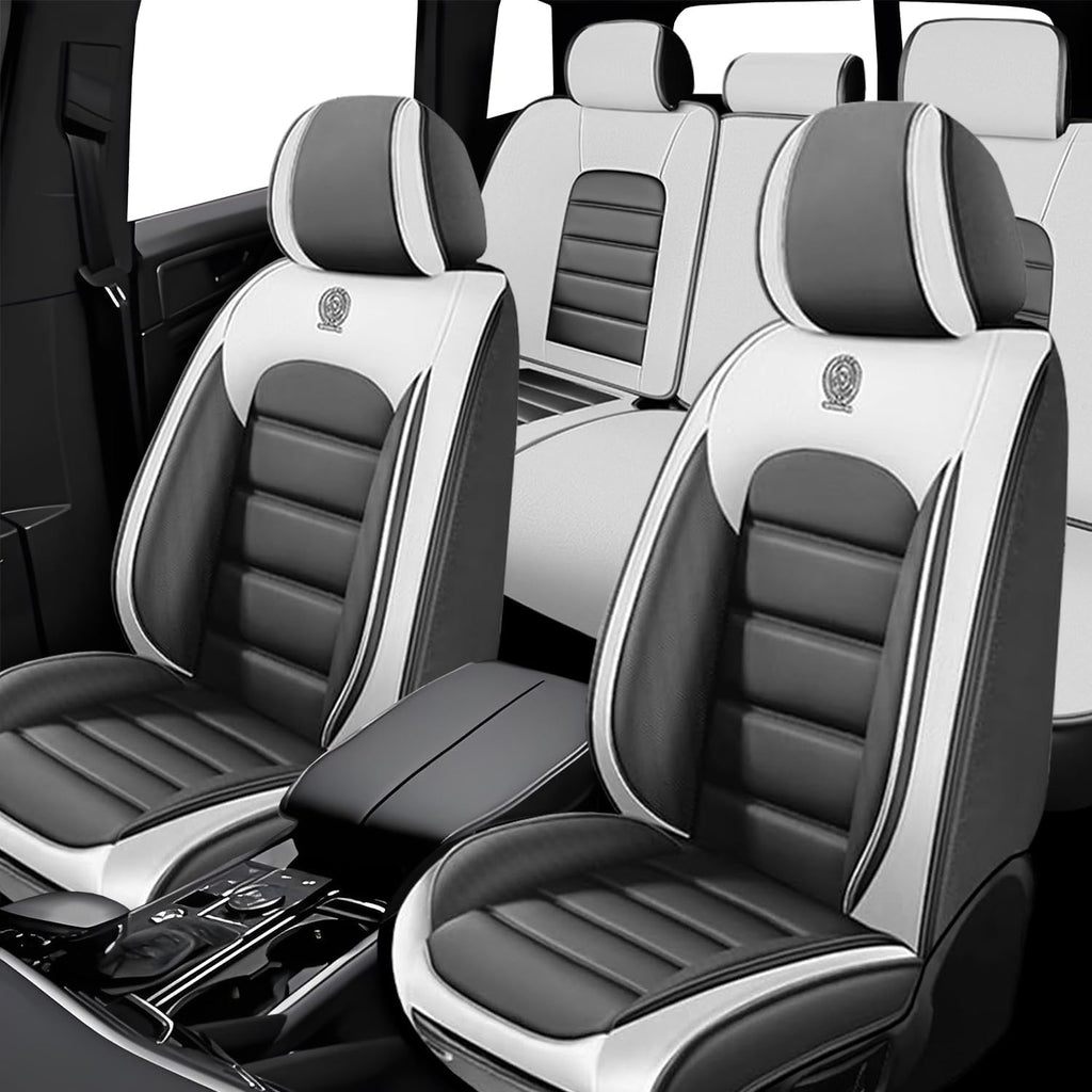 5 Seat Covers for Volvo XC90 2006-2024 Leather Car Seat Covers Waterproof Soft Car Seat Protectors Comfort Premium Automotive Seat Covers with Airbag（Standard,White+Gray）