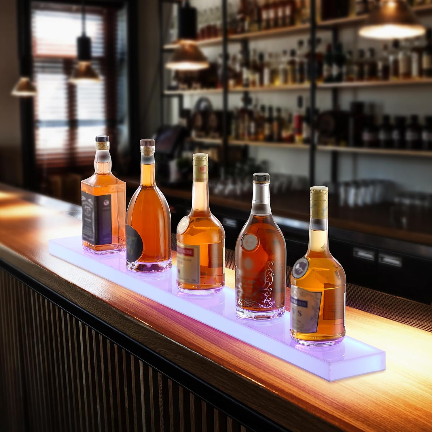 VEVOR LED Lighted Liquor Bottle Display, 1 Tier 40 Inch Wall Mounted Whiskey Rack Stand, 1 Step Commercial Illuminated Home Bar Shelf, Acrylic Drinks Light Shelves with RF Remote & App Control