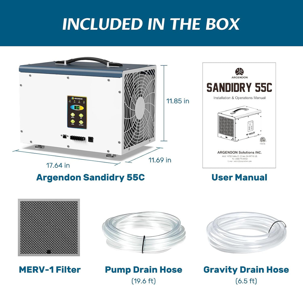 Argendon Commercial Dehumidifier with Pump for Crawlspace, Energy Star 120 Pints Basement Dehumidifier with Drain Hose for Large Space, Water Damage Unit, Ideal for Industrial and Job Sites
