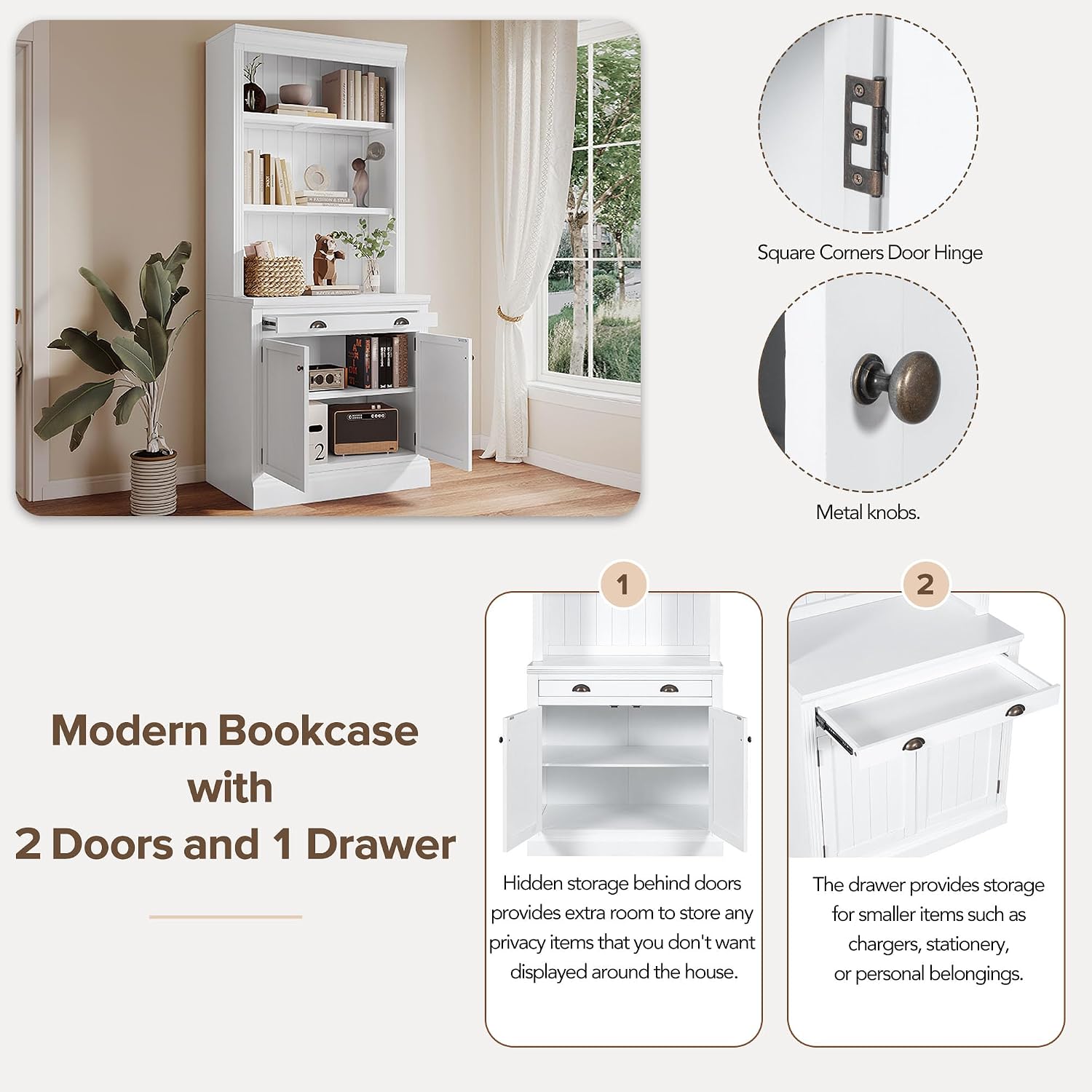 LUMISOL 83.4' Tall Bookshelf with Drawer and Cabinet, Freestanding Pantry Sideboard Cabinet with LED Lights, Solid Wood Tall Bookcase with Open Storage Shelves, White
