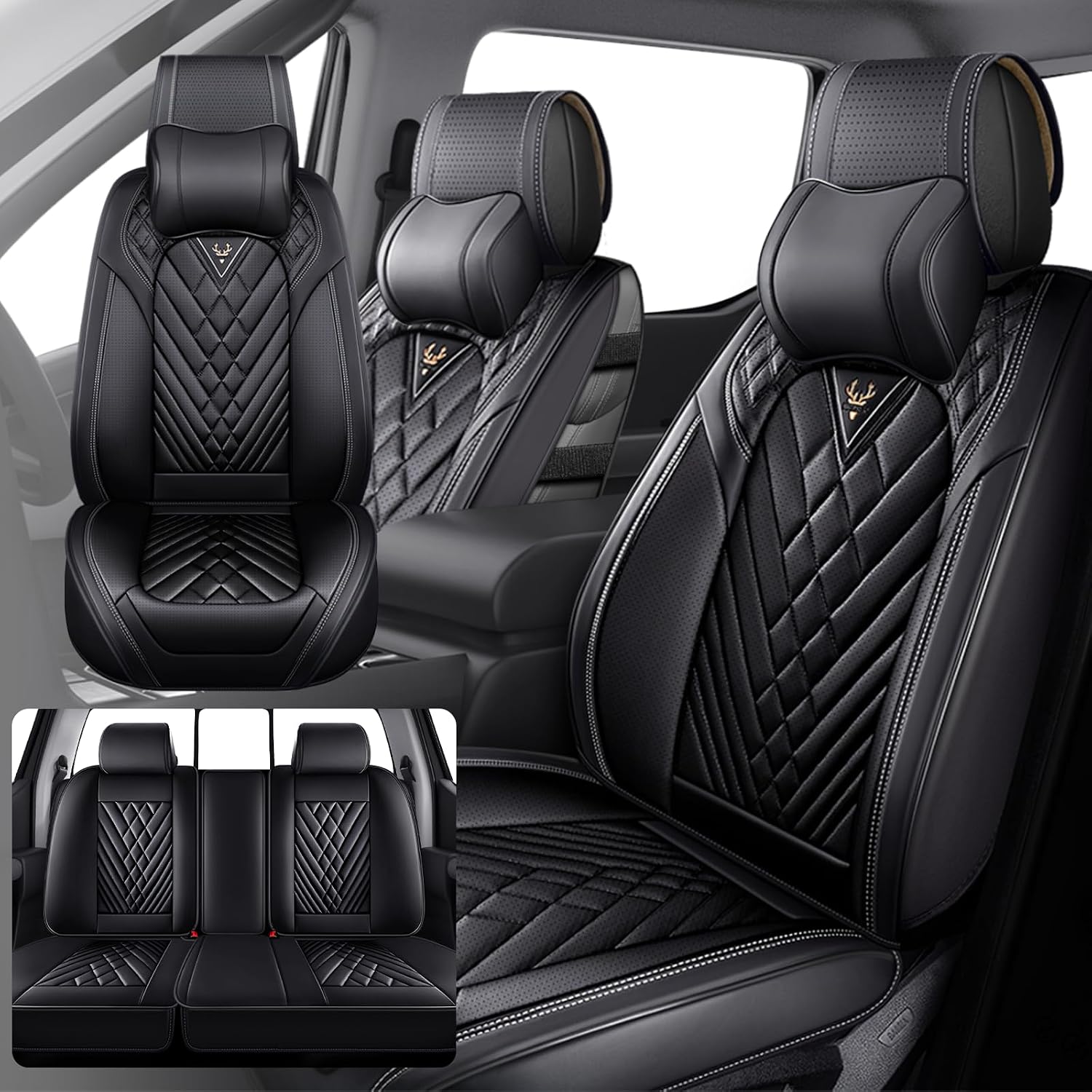 Fit for Chevy Silverado 1500/2500/3500 2007-2026 Seat Covers, Fashion Sport Seat Cover with Waterproof Leather, Airbag Safe Design Seat Protector (5 Front Seat Luxury, Pure Black)