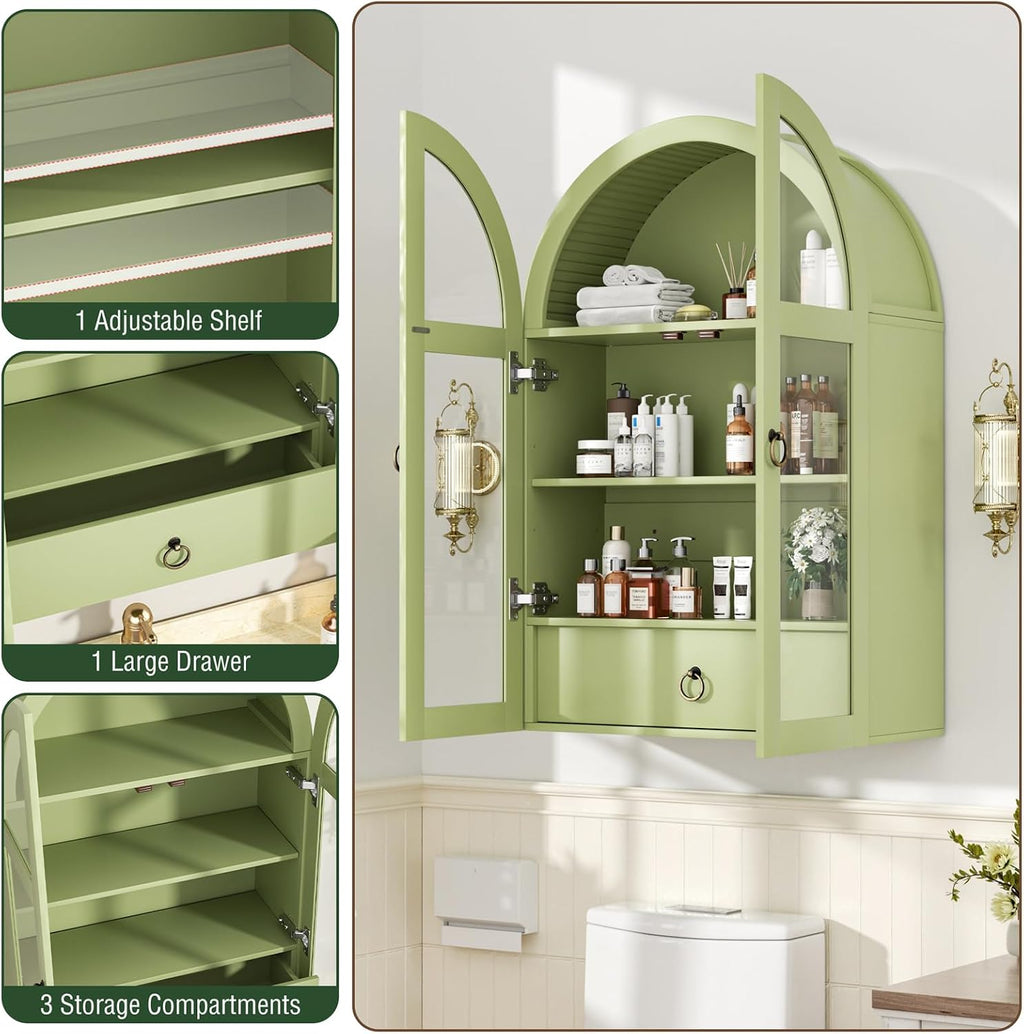 Medicine Cabinet with Tempered Glass Door, Arched Bathroom Wall Cabinet with Adjustable Shelf, for Kitchen, Living Room, Entryway, Laundry Room, Apartment, Office, Small Space, Green