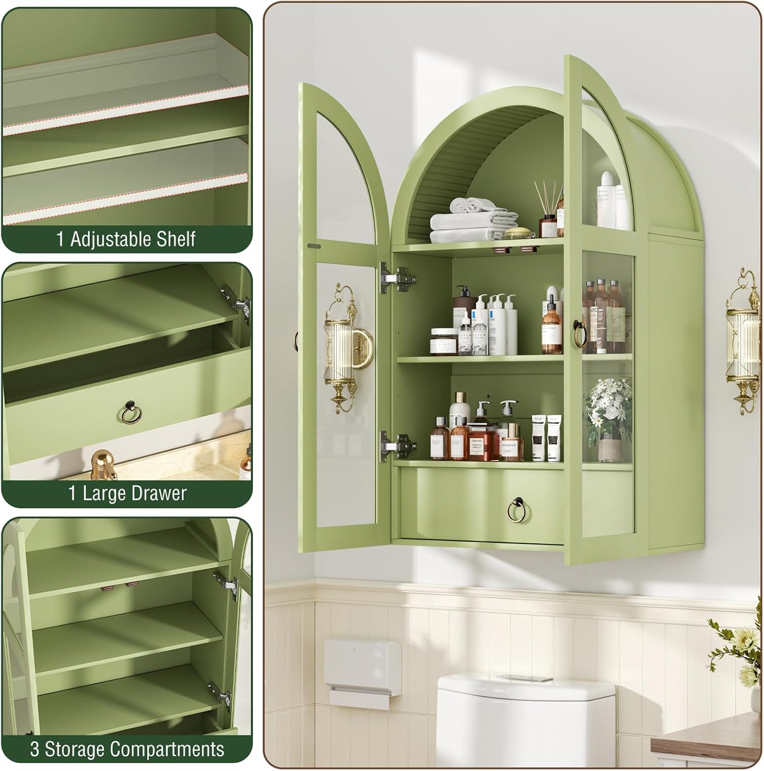 Medicine Cabinet with Tempered Glass Door, Arched Bathroom Wall Cabinet with Adjustable Shelf, for Kitchen, Living Room, Entryway, Laundry Room, Apartment, Office, Small Space, Green