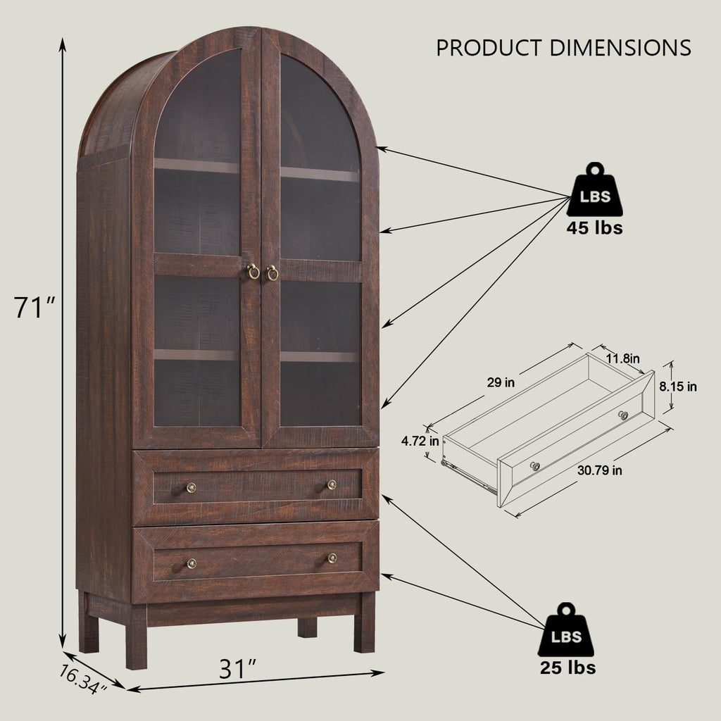 IFGET 71' Tall Arched Kitchen Pantry Cabinet, Wood Kitchens Storage Cabinets with 2 Large Drawers and Adjustable Shelves, Modern Farmhouse Versatile Cupboard for Kitchen, Dining Room, Bathroom, Brown