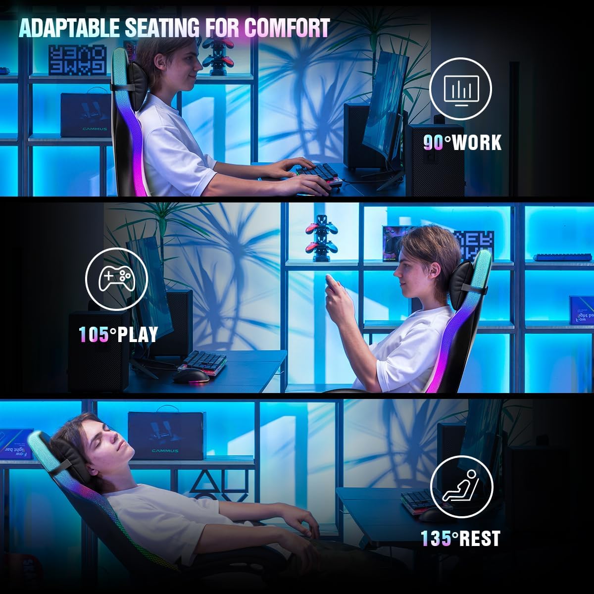 GTPLAYER Gaming Chair, Computer Chair with RGB LED Lights, High Back Ergonomic Chair for Adults with Footrest and Linkage Armrests& Headrest Lumbar Support (Without Bluetooth Speakers)