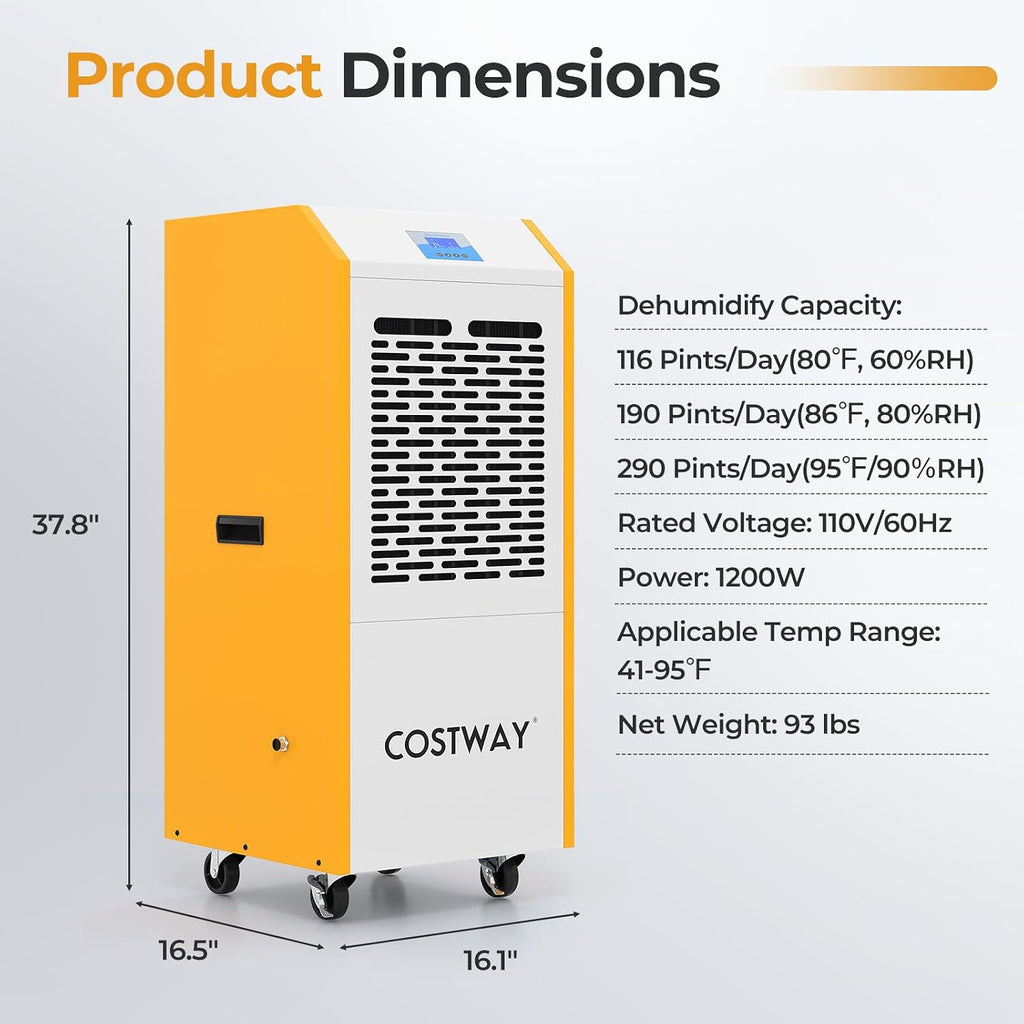 COSTWAY 290 Pints Commercial Dehumidifier with Pump, Industrial Dehumidifier with Drain Hose, 24H Timer & Wheels for Basement, Warehouse, Large Spaces up to 9,000 Sq.Ft