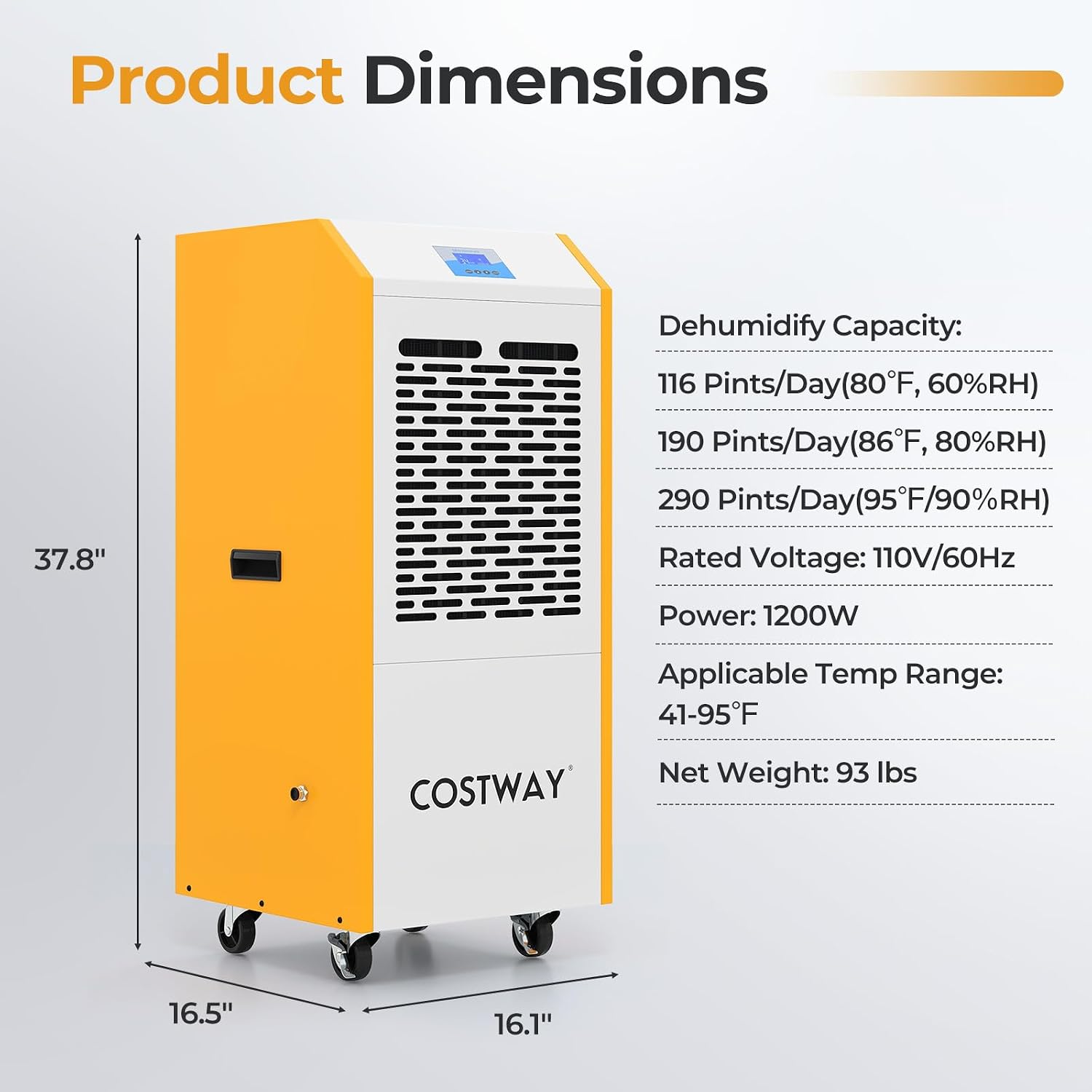 COSTWAY 290 Pints Commercial Dehumidifier with Pump, Industrial Dehumidifier with Drain Hose, 24H Timer & Wheels for Basement, Warehouse, Large Spaces up to 9,000 Sq.Ft