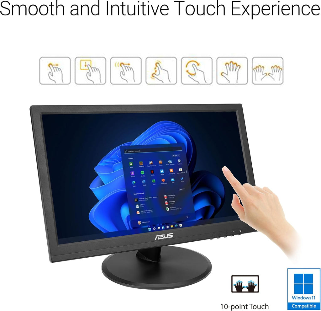ASUS 15.6' 1080P Touch Monitor (VT169HE) - Full HD, 10-Point Touchscreen, IPS, Wide Viewing Angle, Frameless, Eye Care, Flicker Free, Low Blue Light, HDMI, Windows 11 Compliance, VESA Mountable