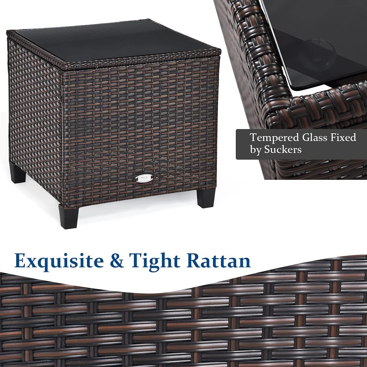 Tangkula 3 Pieces Patio Furniture Set, PE Rattan Wicker 3 Pcs Outdoor Sofa Set w/Washable Cushion and Tempered Glass Tabletop, Conversation Furniture for Garden Poolside Balcony (Black)