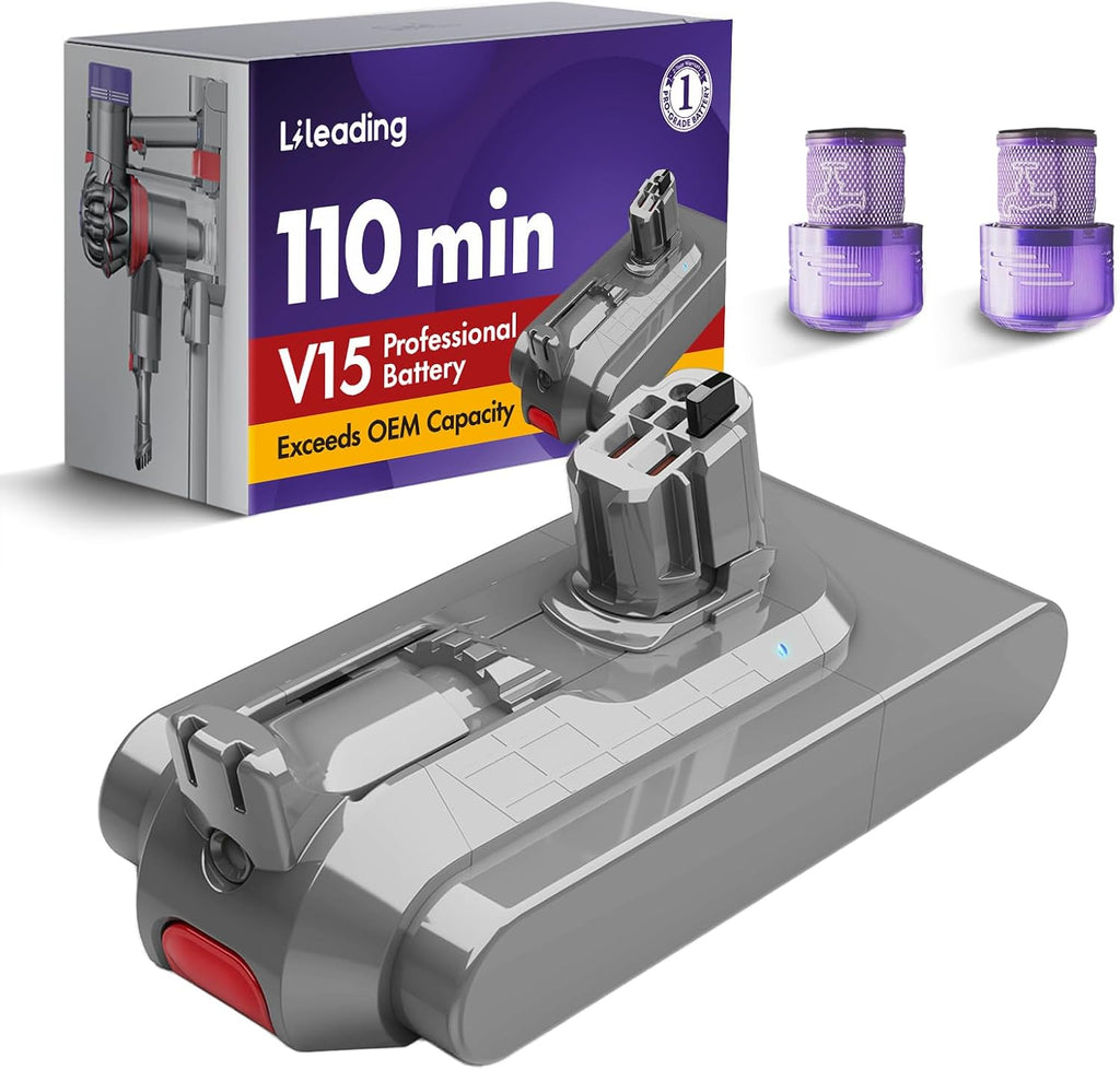 V15 Runtime Battery Replacement: Compatible with Dyson V15 Models, Animal, Torque Drive, Total Clean, Outsize, SV15, SV16, SV22, SV28, 970425-01, Includes 2 Filters