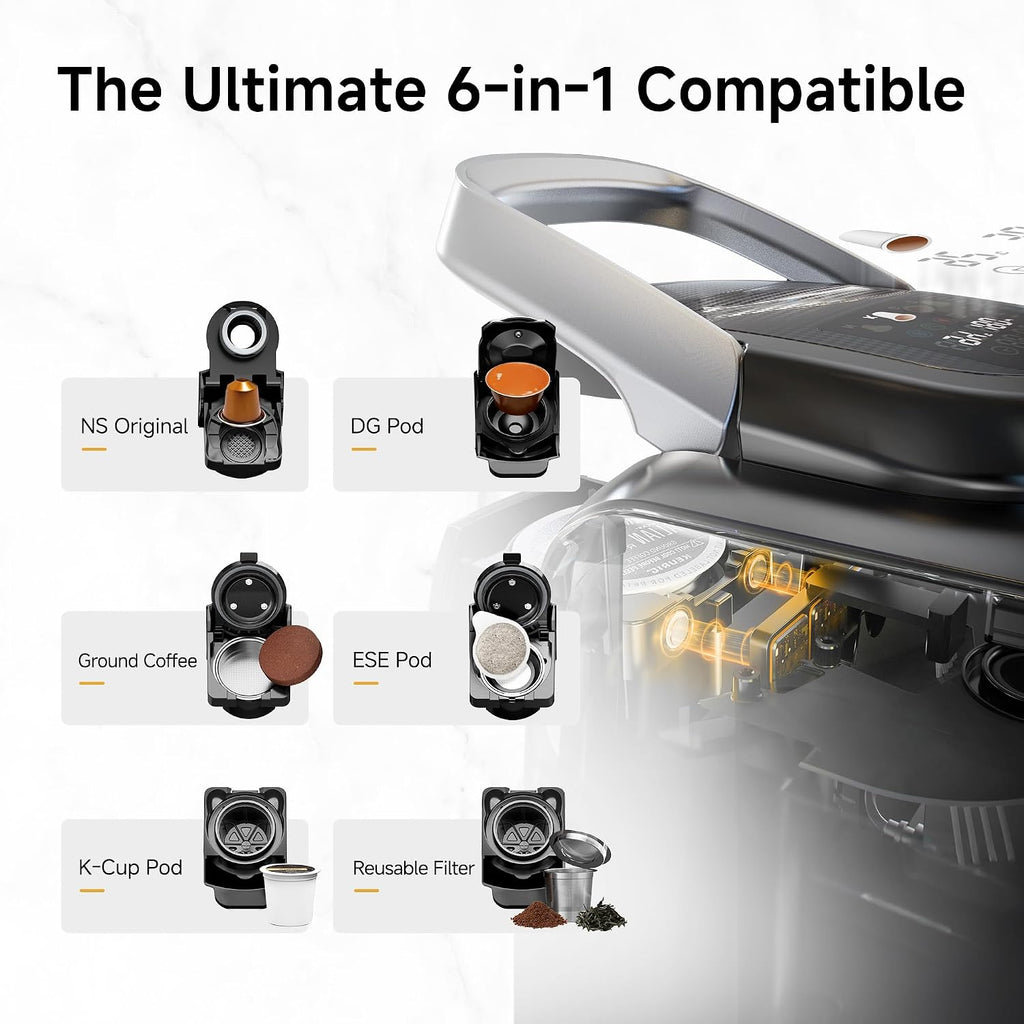 HIBREW H6 6-in-1 Pod Coffee Maker, Express Capsule Espresso Machine, compatible with Kcup*/Nes*/DG*/Espresso Powder. Suitable for Hotels, Homes, and Offices.